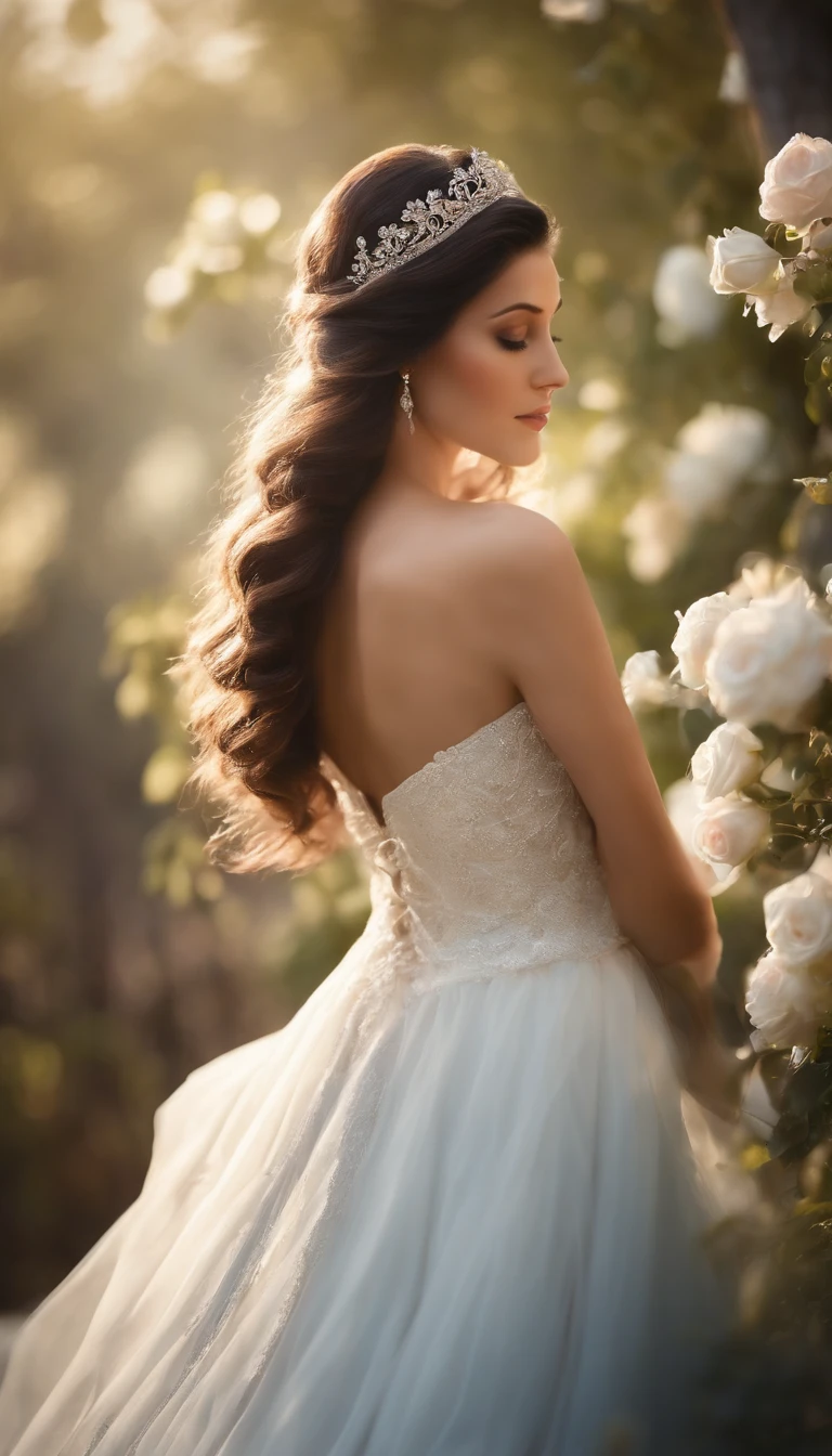 (best quality,ultra-detailed),beautiful black hair,beautiful blue eyes,long white dress,princess,royal,graceful,lovely,regal,palace,enchanted,wonderland,ethereal,serene,sparkling tiara,majestic,gentle,delicate princess,queen in waiting,elegance,enchanted forest,garden of roses,fairytale backdrop,soft sunlight filtering through the trees,stoic expression,intricate lace detailing,pearl necklace,soft waves cascading down her back,graceful movements,dainty hands holding a delicate rose bud,perfectly polished nails,delightful floral fragrance,faint sound of birds chirping,magical aura surrounding her,royal blue sash,butterflies flitting around her,ethereal glow,whispers of secrets,gentle breeze rustling her dress,calm and composed demeanor,enchanted kingdom in the background,royal emblem embroidered on her dress,sparkling diamond earrings