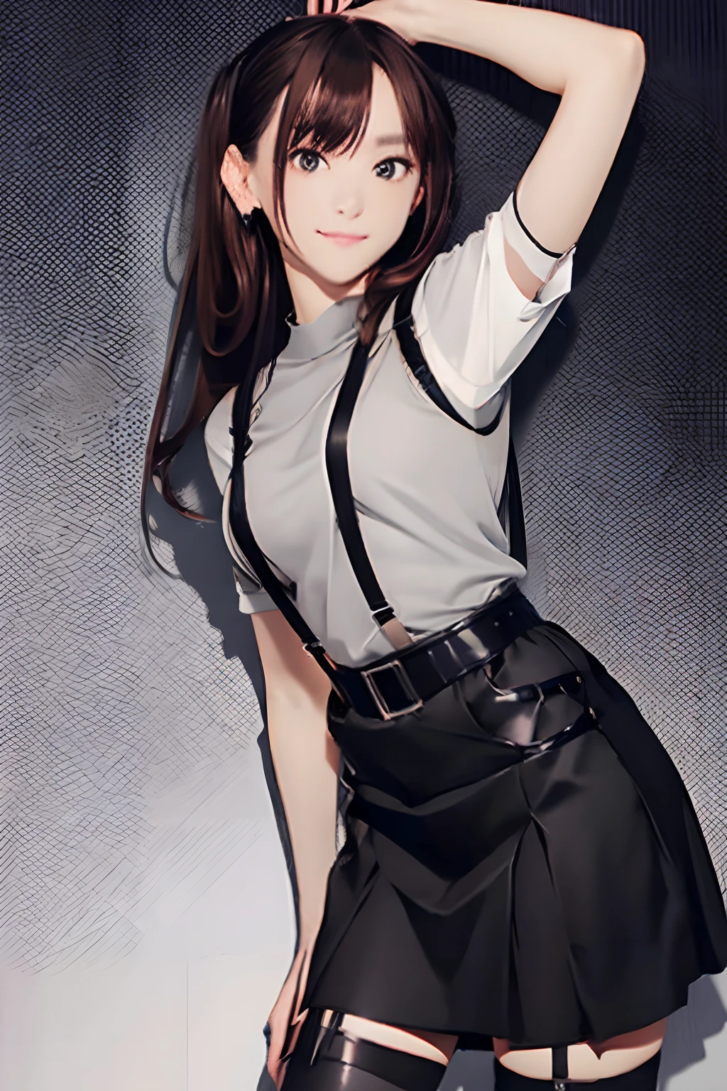 Black skirt, suspenders, Brown hair Gray eyes, Garter belt on the legs, Tight clothes, a belt Armpit sweat Dark look Moderately breasts holster Belt Chain hair adornments poneyTail