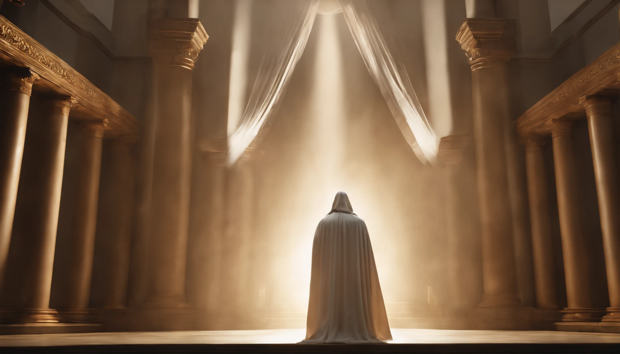Messiah,Lord Christ Jesus,In the sacred temple,Draped in a white cloak,Overhead halo,divinelight,God Ray,dingdall effect,ue5 render,Ray traching,Hyper-realistic,Cinematic level effects,85mm focal length, F1.2 apertures,The face is rich in detail,Complete hands