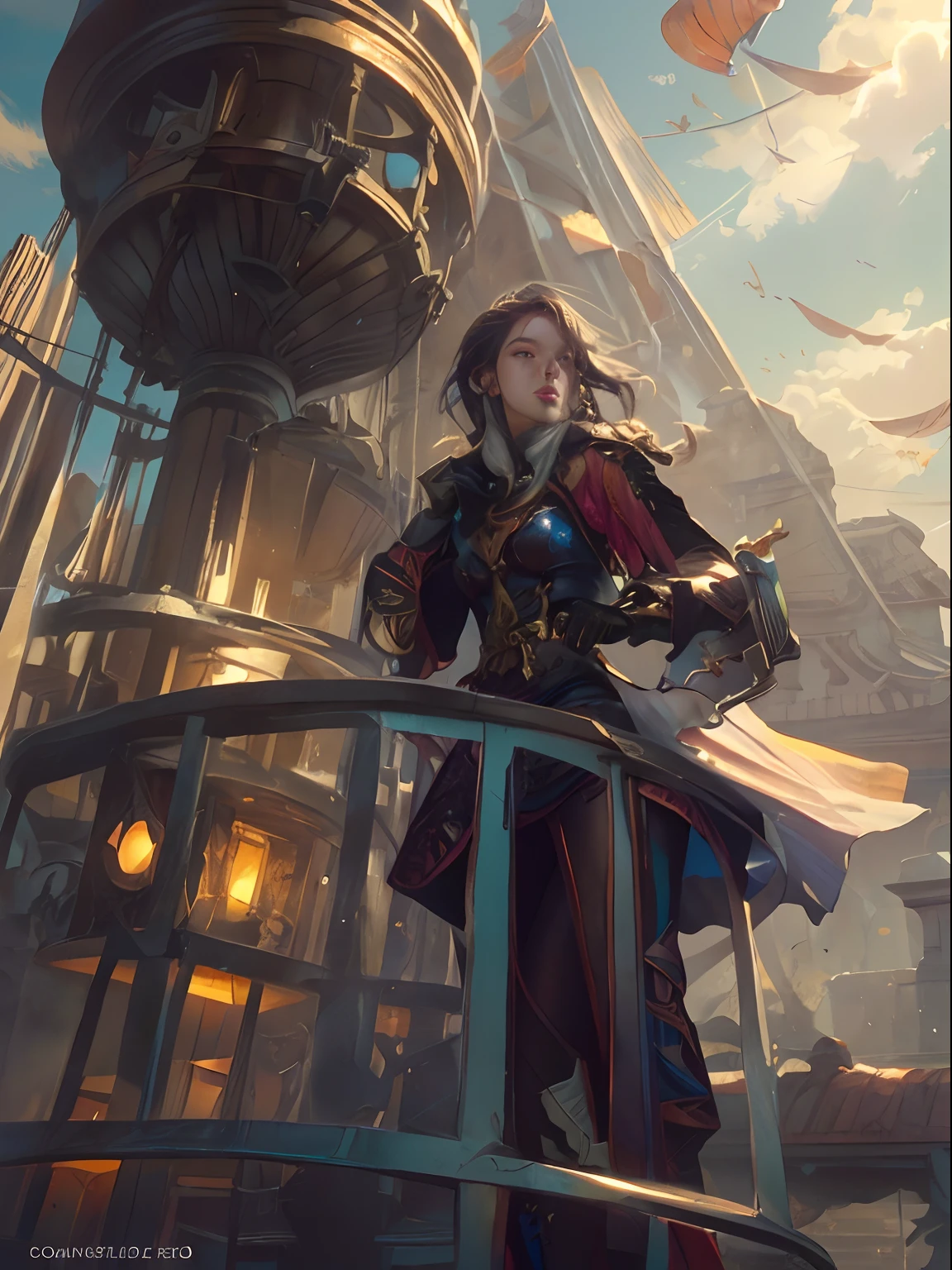 there is a woman standing on a deck with a gun, artgerm and atey ghailan, graphic artist magali villeneuve, by Cynthia Sheppard, inspired by Magali Villeneuve, rpg book portrait, by Yang J, realistic fantasy illustration, epic portrait illustration, magali villeneuve', fantasy genre portrait, roleplaying game art, collectible card art, aespakarina,