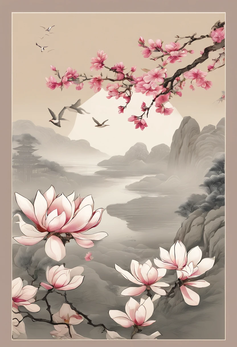 Equinox,Sun terms in Traditional Chinese,(((Magnolia flower))),national style,Ink style,Single-color background,With cleavage(((swallow)))flying though the air,Landscape View,Do not be characterized,Calm painting