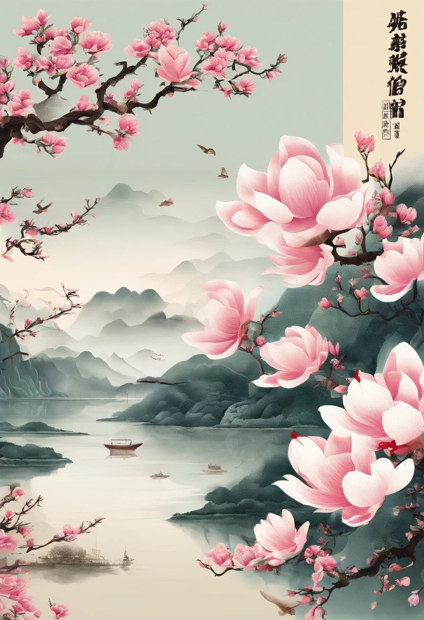Equinox,Sun terms in Traditional Chinese,(((Magnolia flower))),national style,Ink style,Single-color background,With cleavage(((swallow)))flying though the air,Landscape View,Do not be characterized,Calm painting