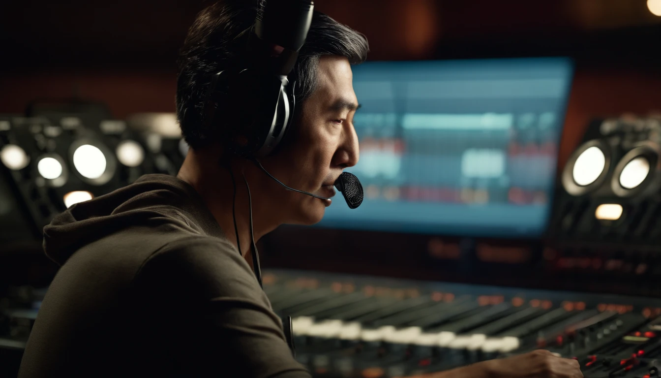 (best quality,highres,masterpiece:1.2),ultra-detailed,realistic:1.37,studio lighting,Chinese man sitting in front of mixing console with a microphone, wearing headphones