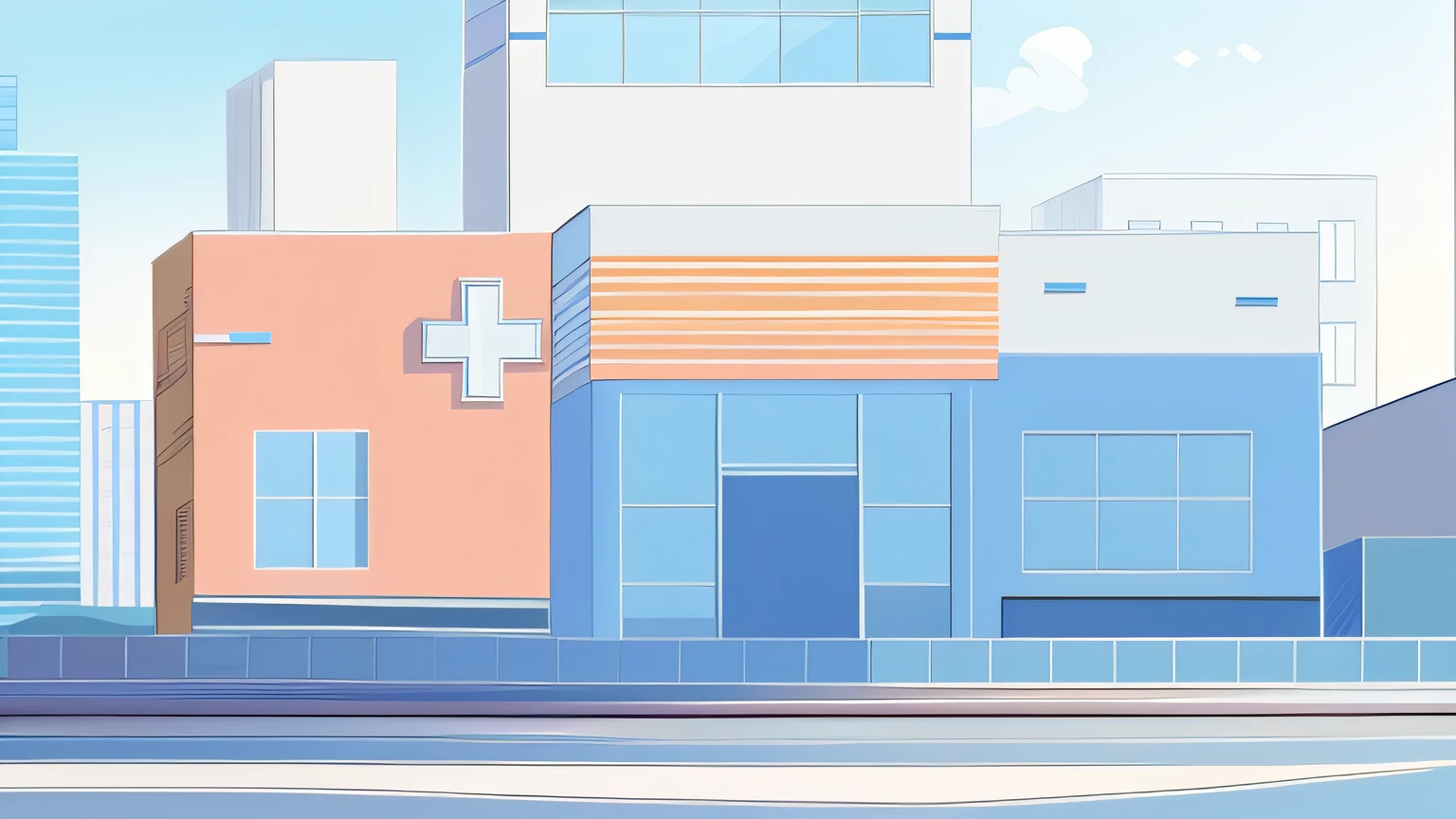 Hospital building City building in background Road ahead Sky light blue Sunny flat Vector illustration