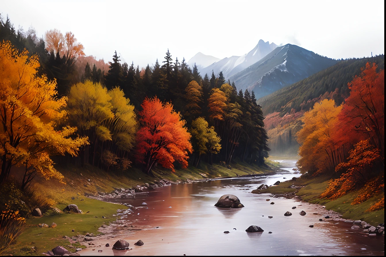 an oil painting、illustratio、Landscape painting、Changed to acrylic painting style、masuter piece、Top image quality、8K、great outdoors、a river