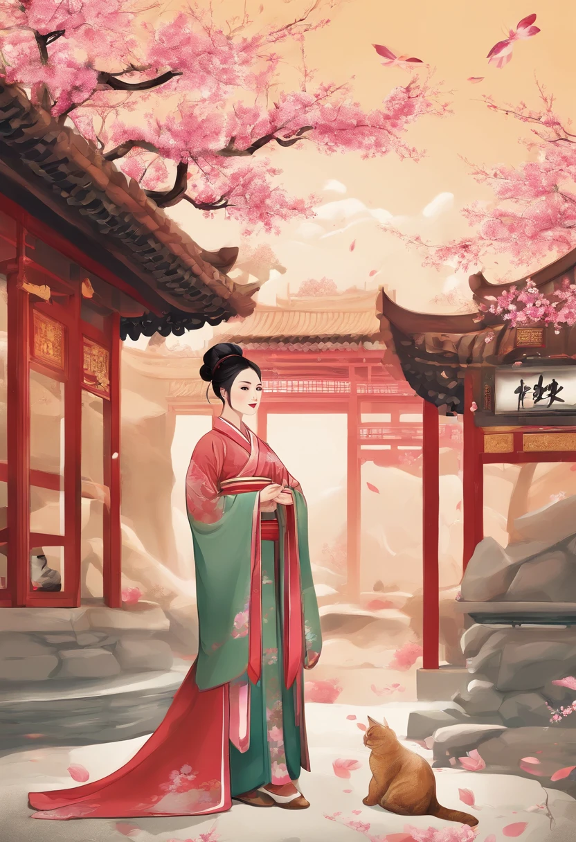 spring,spring blossoms,Traditional Chinese architecture,,Woman wears Han clothes,a person々Scenery of,(spring)Chinese charactersa、There are also cats