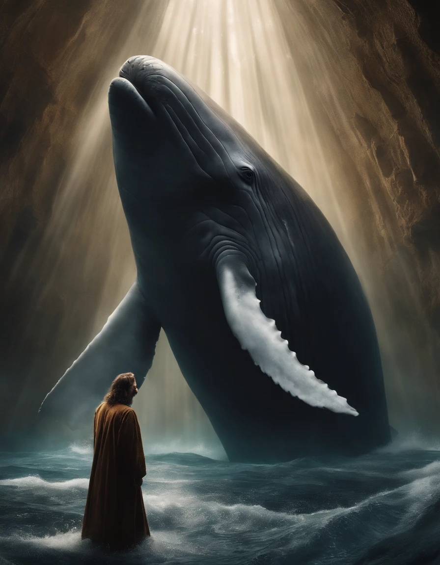 Draw a vivid Jonah scene, Prophet of God, A moment of desperate prayer in the huge belly of a giant whale.
Jonas knelt wetly, Slippery ground, Illuminated by the dim light coming in from the whale's mouth.
he is wearing ragged clothes，Facial features radiate pain and humility.iintricate、high detal、dramatics、（Volumetriclighting：1.2）hdr shot。（Close-up，Super deep view，ultra-wide-angle，Microfocal length lens：1.2）（realisticlying：1.4）tmasterpiece、high high quality、Beautiful photography
Around Jonas, The inner walls of whales are rough, Moist texture, Some kind of marine residue is visible.
Jonah raised his hand in prayer, tear in her eyes, For His Word is addressed to God.
The figure of the giant whale hovers above Jonah, Show His greatness and darkness, In stark contrast to the smallness and fragility of the prophet.