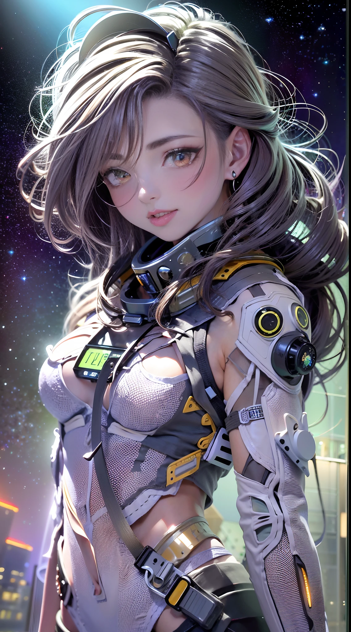 （tmasterpiece：1.2），best qualtiy，In space，（nigh sky，medium lenght hair：1.2），（illustratio：1.2），lindo cenario，dreads，（Elaborate luminescence，lens flare glow），（Hyper-detailing），Hyper-detailing，（exquisitedetails），（complexdetails），（Movie light，Best quality backlight），清晰的线条，New world，peeping at the viewer，Solo Woman，（Space Girl，the space），Oriental women，The girl looks like a Chinese movie star，Solo Woman，Perfect body，Beautiful 16 year old girl，（1girll），（Bright bioluminescent hair，bright glowing eyes），（galaxias，Alien planet），（Astronaut wearing sexy futuristic style white fitted spacesuit：1.1），The material of the spacesuit is light and thin，Latex tight spacesuit，The chest of the spacesuit shows the starry sky，Slightly closed eyes，（cyber punk perssonage），（dyna：1.3），（putting makeup on）），hight contrast，（The best lighting，Extremely refined and beautiful），（（Movie Moonlight）），Extremely colorful，（（Photoshop Pastel Painting：1.1）），aethereal，（Movie Masterpiece），suspense，Funk，（Starskrim），splash of color，absolutly eye-catching，（（Caustics）），dynamic angle，big breasts beautiful（detailed glow），（spine-chilling），（Intricate movie scenes behind it：1.2），Environmental occlusion， （Ambient moonshine）， ray-traced reflection， intricately detailed visible background ， （Glowing spacesuit）， terroral， （Bioluminescent vegetation：1.2）， terroral， uneasy， A futuristic， terroral， （Hologram head-up display）， （Delicate Great Comet）