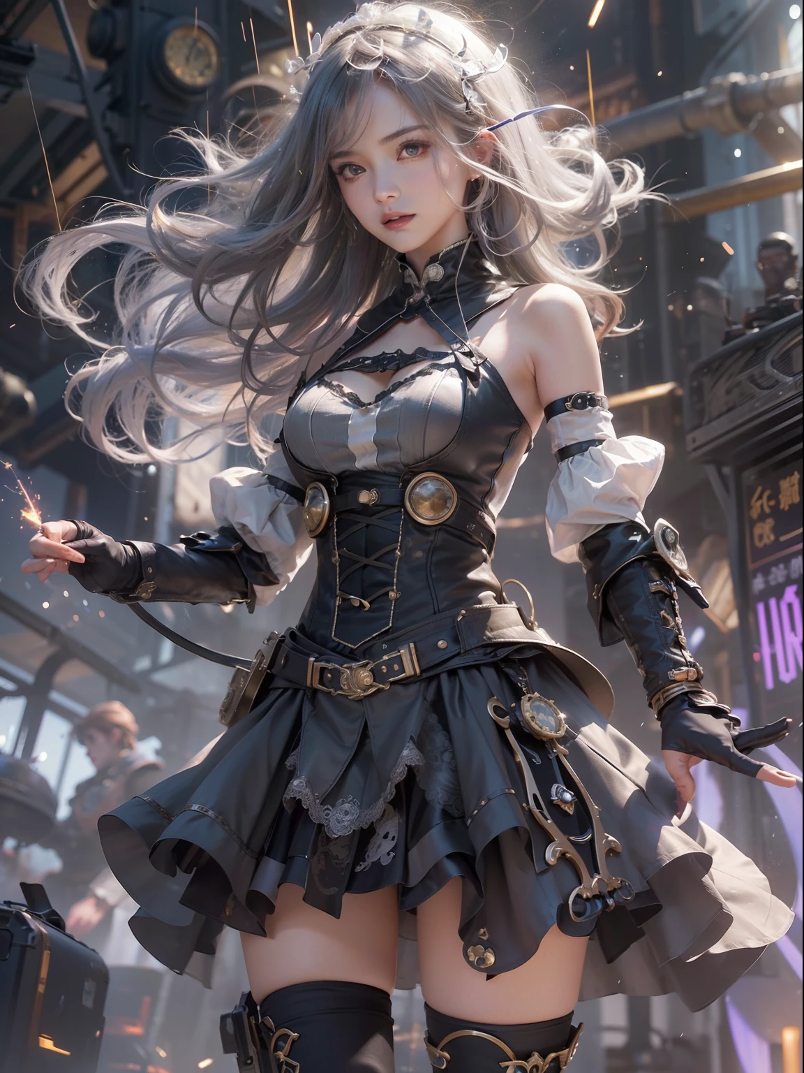 (Super best quality)), (Very masterpiece)), (Super detail:1.4), Super photorealistic 3D, Android Mage Girl, Mechanical body, Dynamic action poses in battle scenes, Mechanical weapons of very complex and heavy fighters, Off-the-shoulder fashion fused with detailed and intricate steampunk and detailed Gothic Lolita, Complex steampunk headgear, Very slender long legs, mechanical boots above the knee, fluttering lace flared mini skirt, upturned and beautiful small breasts, rather long vertical curly silver hair driven by the wind, countless shining large spheres flying around, many sparks crossing and splashing, countless neon lights raining down from magic-invoking poses, very dark steampunk factory background, very dramatic and cinematic lighting.