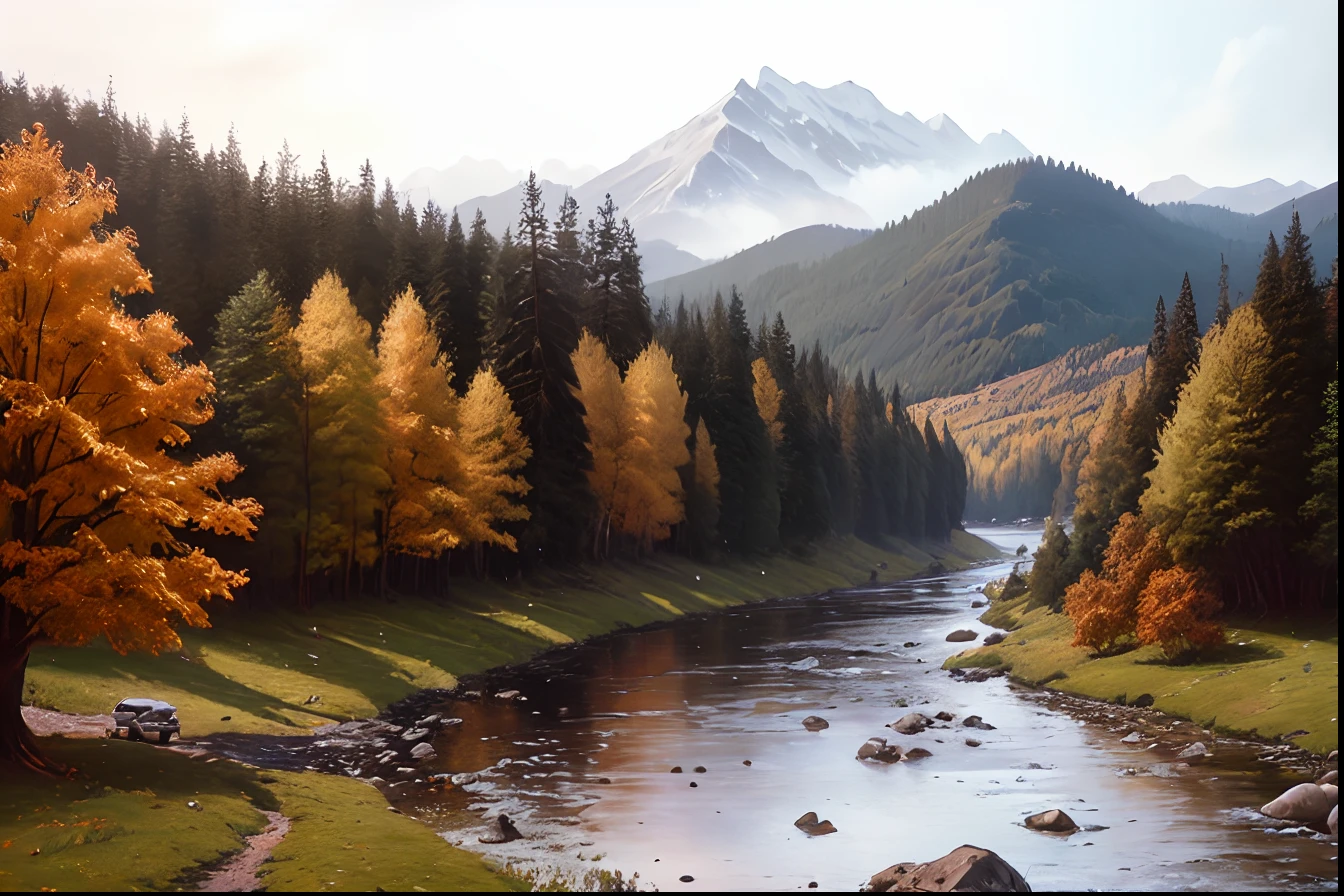 an oil painting、illustratio、Landscape painting、Changed to acrylic painting style、masuter piece、Top image quality、8K、great outdoors、a river