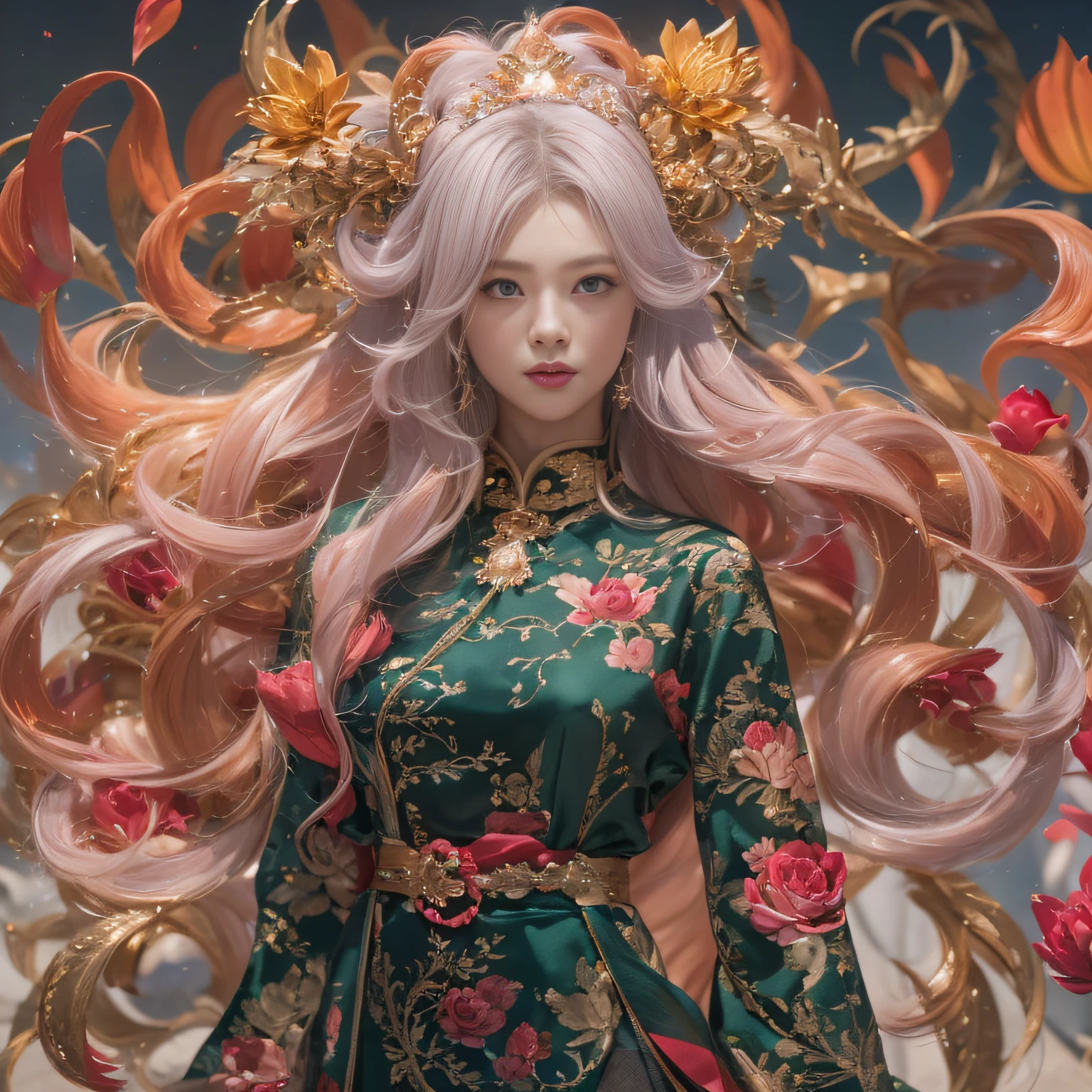 32K（tmasterpiece，k hd，hyper HD，32K）curlies，Flowing rouge，ponds，zydink， a color，  Liaoning people （Charming girl）， （Indigo scarf）， Combat posture， looking at the ground，  Flowing rouge curls，Green emerald tiara， Chinese long-sleeved rose gold garment， （Abstract gouache splash：1.2）， Pink lotus background，Water lily flower protector（realisticlying：1.4），Rouge hair，Autumn is in full swing，The background is pure， A high resolution， the detail， RAW photogr， Sharp Re， Nikon D850 Film Stock Photo by Jefferies Lee 4 Kodak Portra 400 Camera F1.6 shots, Rich colors, ultra-realistic vivid textures, Dramatic lighting, Unreal Engine Art Station Trend, cinestir 800，Large curls，Flowing rouge