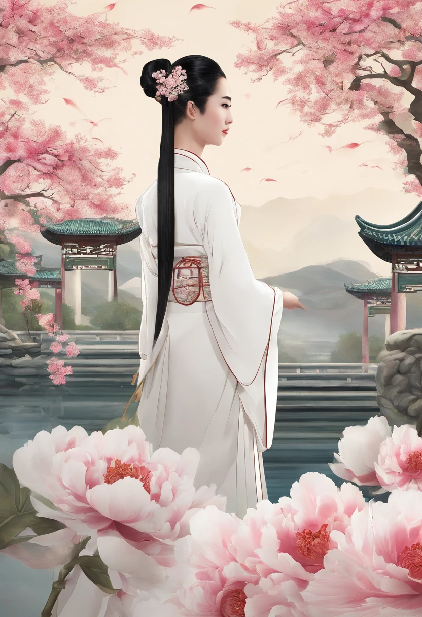 Equinox，White peony,，Traditional Chinese architecture，Woman standing next to Hanfu flower，a person々Scenery of、catss、