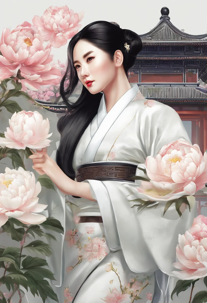 Equinox，White peony,，Traditional Chinese architecture，Woman standing next to Hanfu flower，a person々Scenery of、catss、