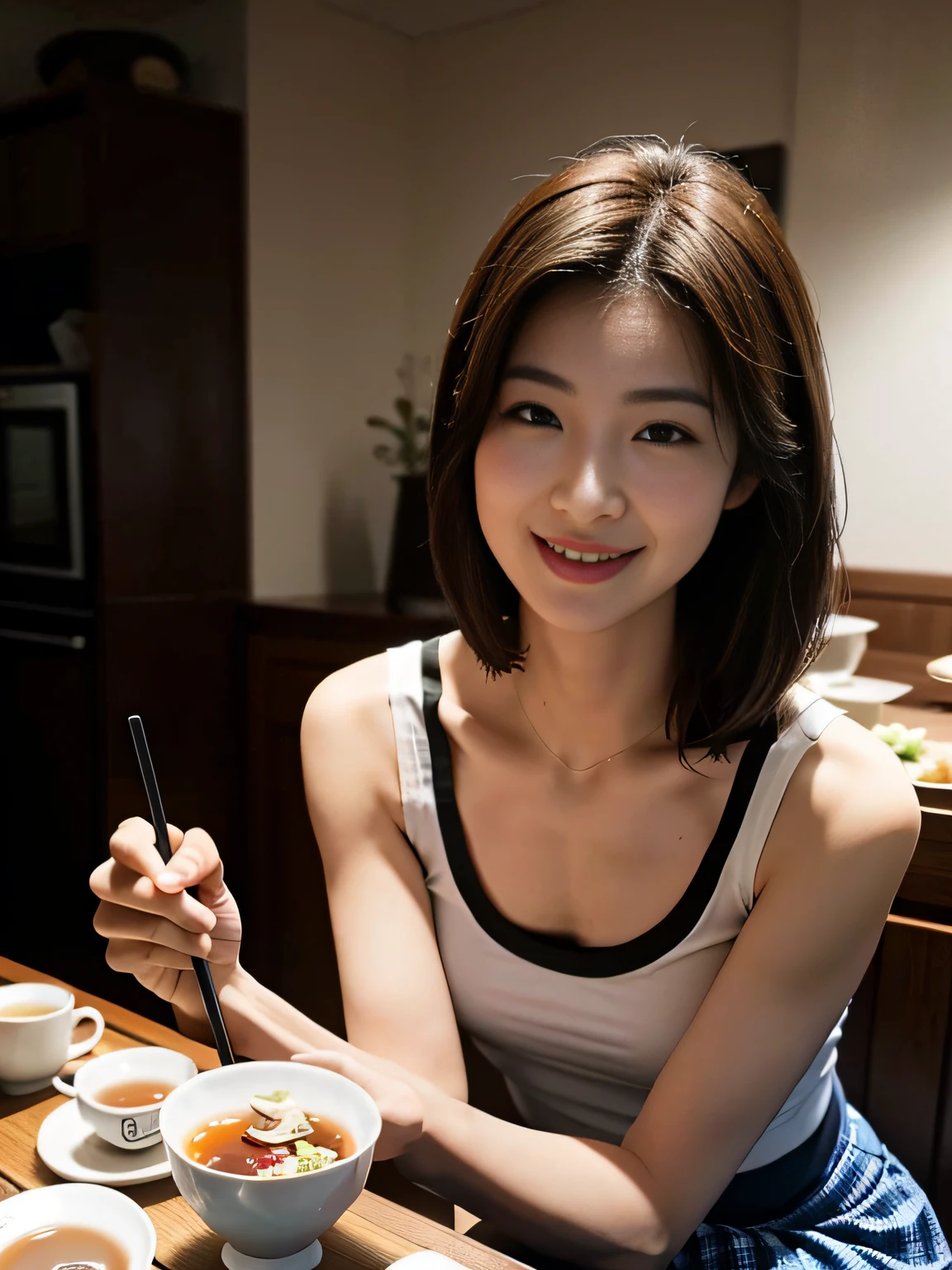((smallunderboob,tomgirl,small head)), (well-defined abs: 1.1), (perfect bodies: 1.1), (short-length straighthair: 1.2), Black hair, Upper body photo, attractive collarbone，（Highly detailed CG 8K wallpapers），（Very sophisticated、Beautiful fece），（masutepiece），（best qualtiy：1.0），（超A high resolution：1.0），Beautiful illumination，Perfect Lightning，realistic shaded，[hight resolution]，Smooth and perfectly fair skin，ultra - detailed ，elongated legs，flat-chest，slim，emaciated，Smile，cheerfulness，（Black short-sleeved T-shirt:1.1），（Blue checkered maxi skirt：1.1），White sandals，Summer，Night，At a hot pot restaurant,Lively restaurant，warm light，Sitting on a chair by the dining table，close-up，Double Flavor Hot Pot，Plates of vegetables，2 dishes of meat，a cup of tea，saucer，bowl，Chopsticks in the right hand，dining