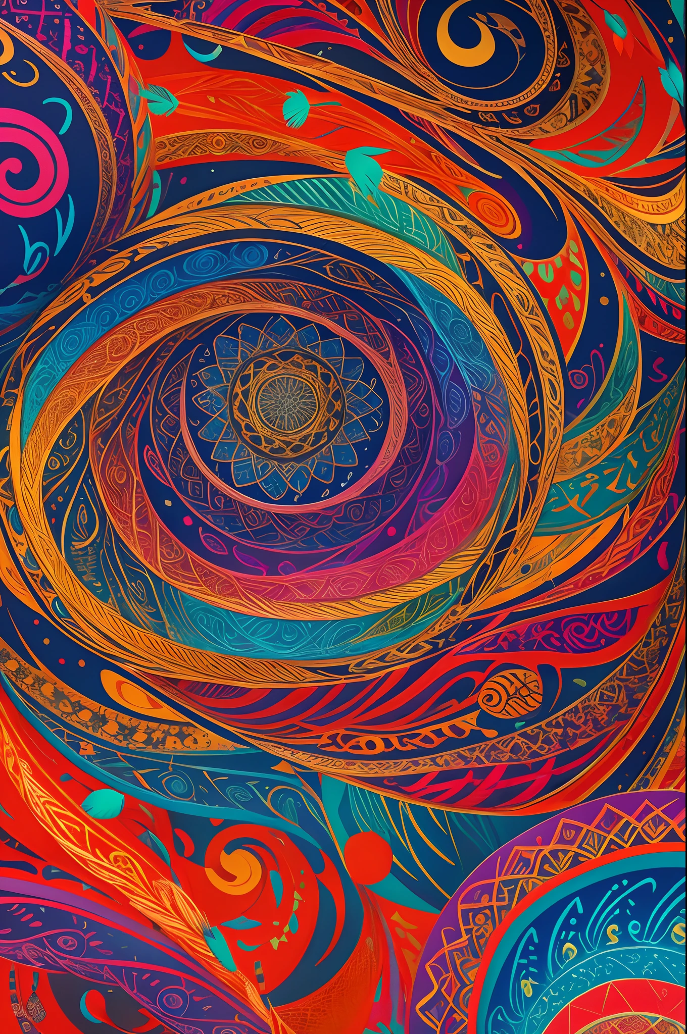A colorful abstract arabic pattern with feather, swirls and dots generative ai, 16k, high quality, amazing masterpiece, bright, fun