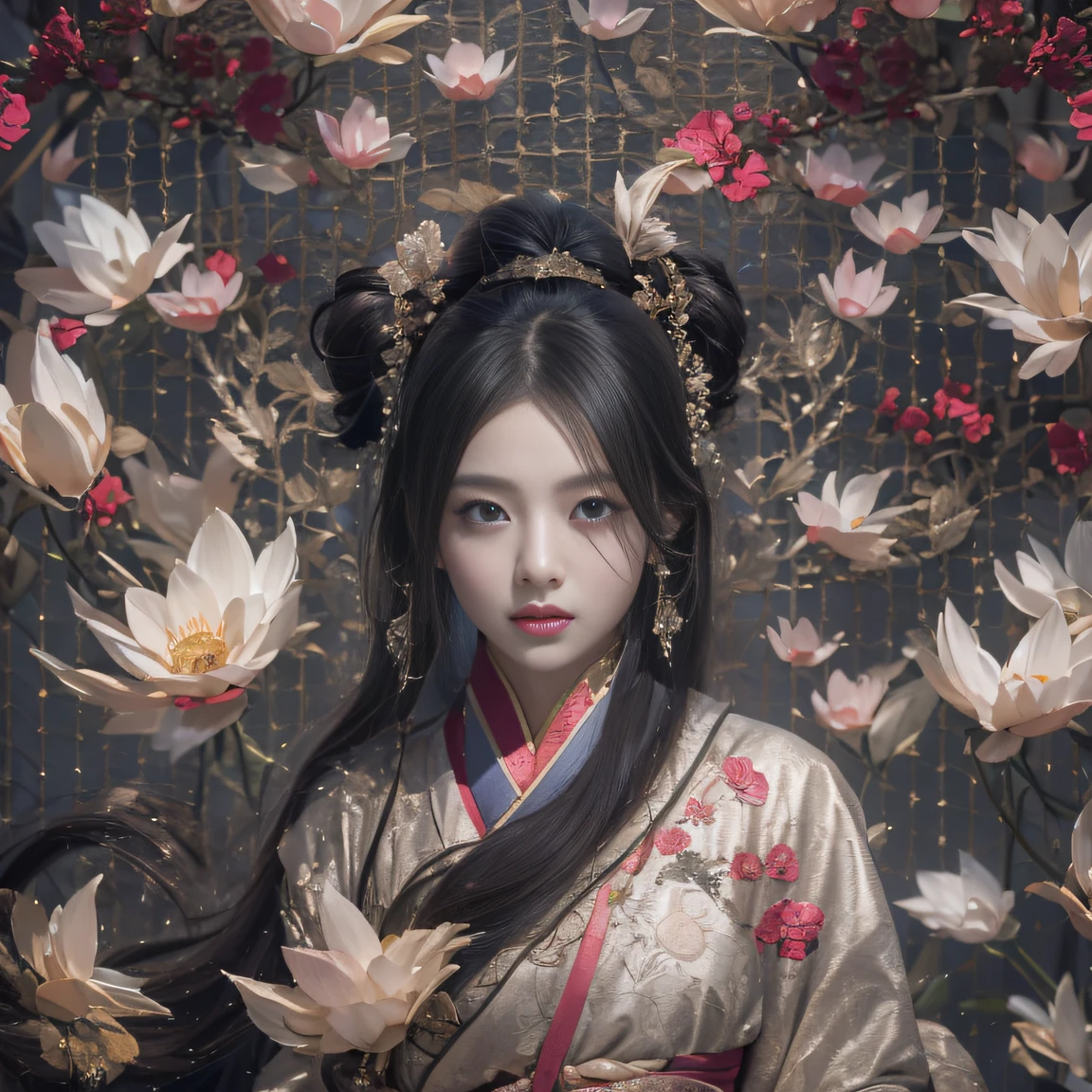 32K（tmasterpiece，k hd，hyper HD，32K）Long flowing black hair，ponds，zydink， a color， Xuzhou people （Silly girl）， （Silk scarf）， Combat posture， looking at the ground， long whitr hair， Floating hair， Carp pattern headdress， Chinese long-sleeved clothing， （abstract ink splash：1.2）， Pink petal background，Pink and white lotus flowers fly（realisticlying：1.4），Black color hair，Fallen leaves flutter，The background is pure， A high resolution， the detail， RAW photogr， Sharp Re， Nikon D850 Film Stock Photo by Jefferies Lee 4 Kodak Portra 400 Camera F1.6 shots, Rich colors, ultra-realistic vivid textures, Dramatic lighting, Unreal Engine Art Station Trend, cinestir 800，Long flowing black hair，Denim skirt