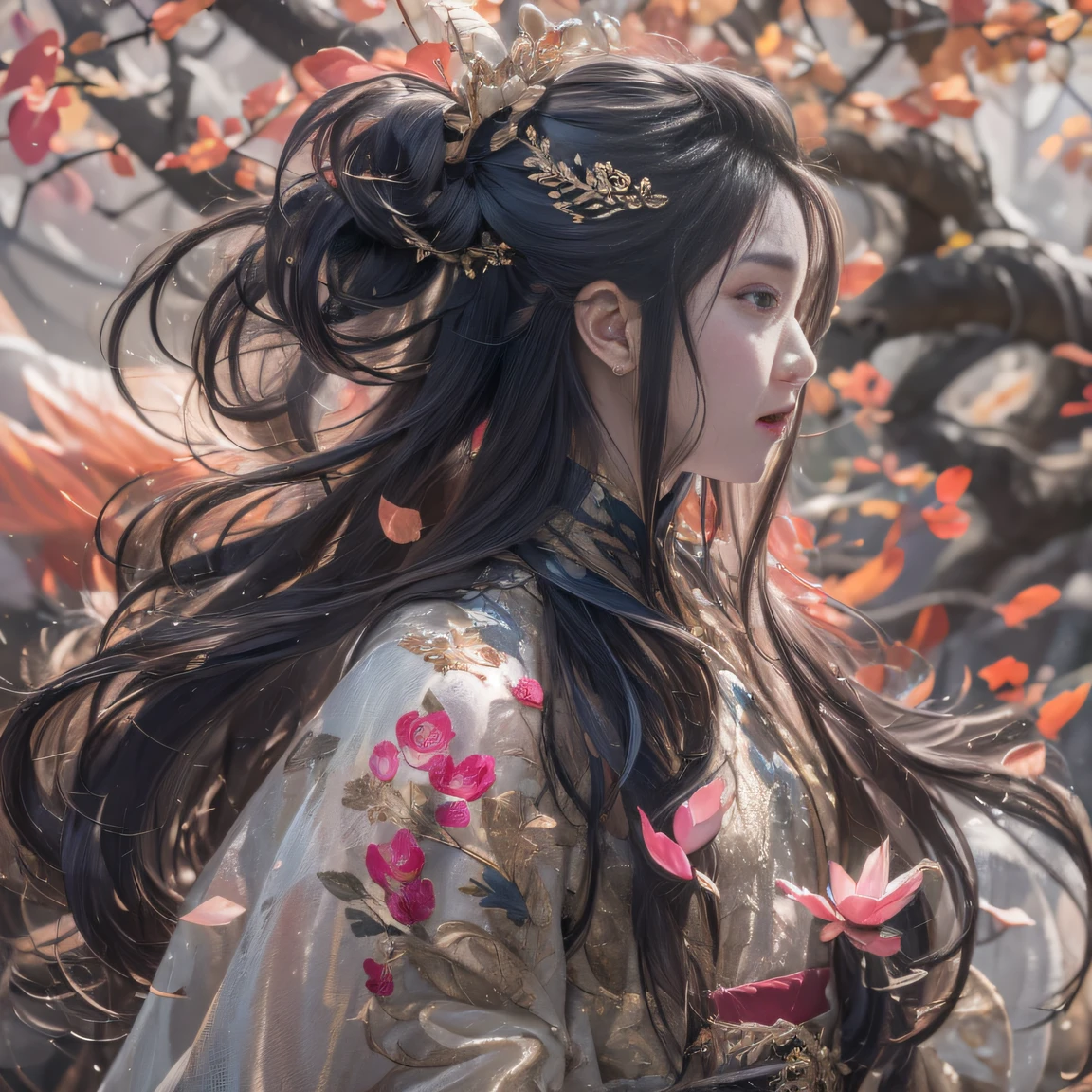 32K(tmasterpiece,k hd,hyper HD,32K)Long flowing black hair,ponds,zydink, a color, Xuzhou people (Silly girl), (Silk scarf), Combat posture, looking at the ground, long whitr hair, Floating hair, Carp pattern headdress, Chinese long-sleeved clothing, (abstract ink splash:1.2), Pink petal background,Pink and white lotus flowers fly(realisticlying:1.4),Black color hair,Fallen leaves flutter,The background is pure, A high resolution, the detail, RAW photogr, Sharp Re, Nikon D850 Film Stock Photo by Jefferies Lee 4 Kodak Portra 400 Camera F1.6 shots, Rich colors, ultra-realistic vivid textures, Dramatic lighting, Unreal Engine Art Station Trend, cinestir 800,Long flowing black hair,Denim skirt