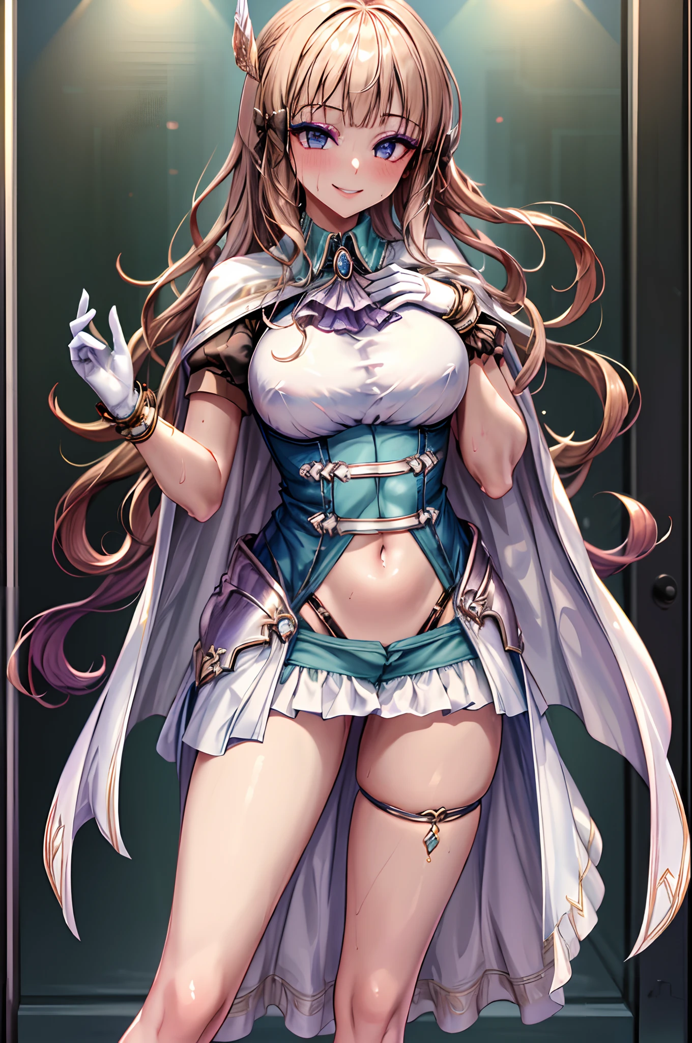 (masterpiece, best quality:1.2), cowboy shot, solo, 1girl, pcsaren, (whore outfit), makeup smile, looking at viewer, hand on own chest, hair bow, hair ornament, dress, short sleeves, cape, white gloves,