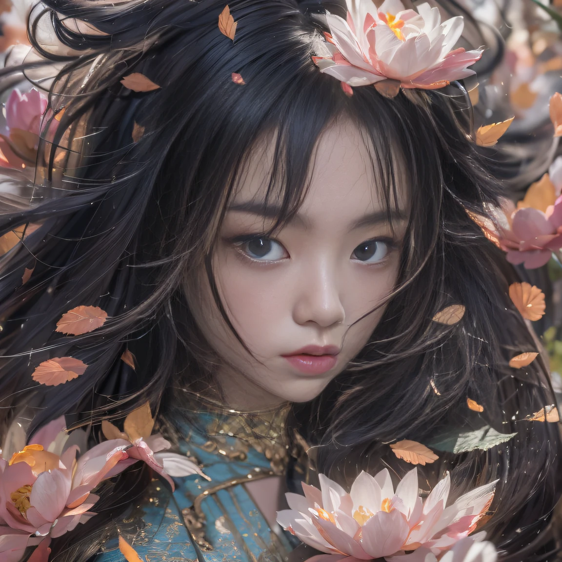 32K（tmasterpiece，k hd，hyper HD，32K）Long flowing black hair，ponds，zydink， a color， Xuzhou people （Silly girl）， （Silk scarf）， Combat posture， looking at the ground， long whitr hair， Floating hair， Carp pattern headdress， Chinese long-sleeved clothing， （abstract ink splash：1.2）， Pink petal background，Pink and white lotus flowers fly（realisticlying：1.4），Black color hair，Fallen leaves flutter，The background is pure， A high resolution， the detail， RAW photogr， Sharp Re， Nikon D850 Film Stock Photo by Jefferies Lee 4 Kodak Portra 400 Camera F1.6 shots, Rich colors, ultra-realistic vivid textures, Dramatic lighting, Unreal Engine Art Station Trend, cinestir 800，Long flowing black hair，Denim skirt