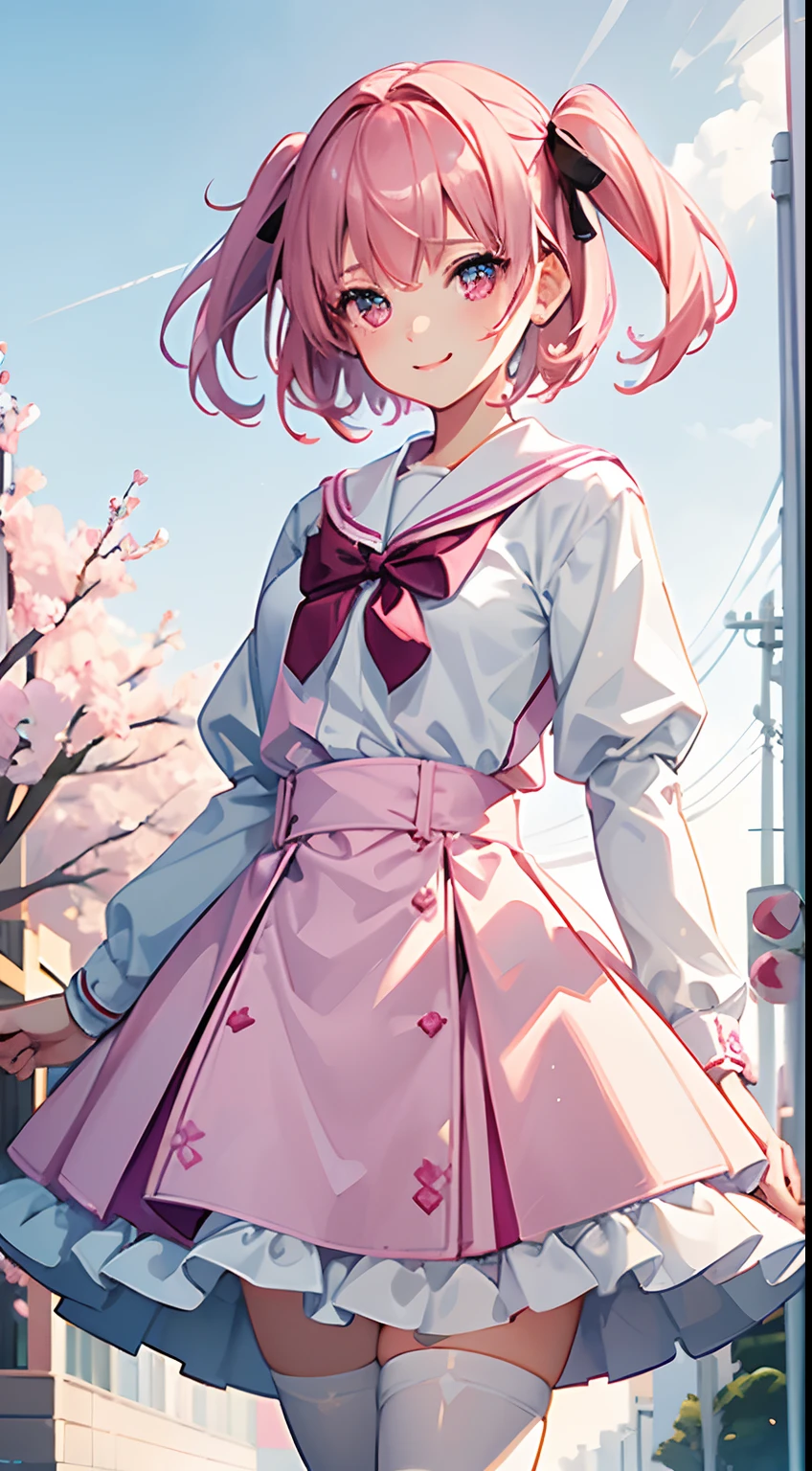 Girl with pink hair, long double-tailed hairstyle ((small pink bushy eyebrows)), lolicon, dressed in lolita dress, sunset lighting showing her body, very marked thigh gap, Thigh Gap, marked vagina, lifting her skirt to show her vagina wet with semen, thighs splashed with semen, with a flirtatious smile