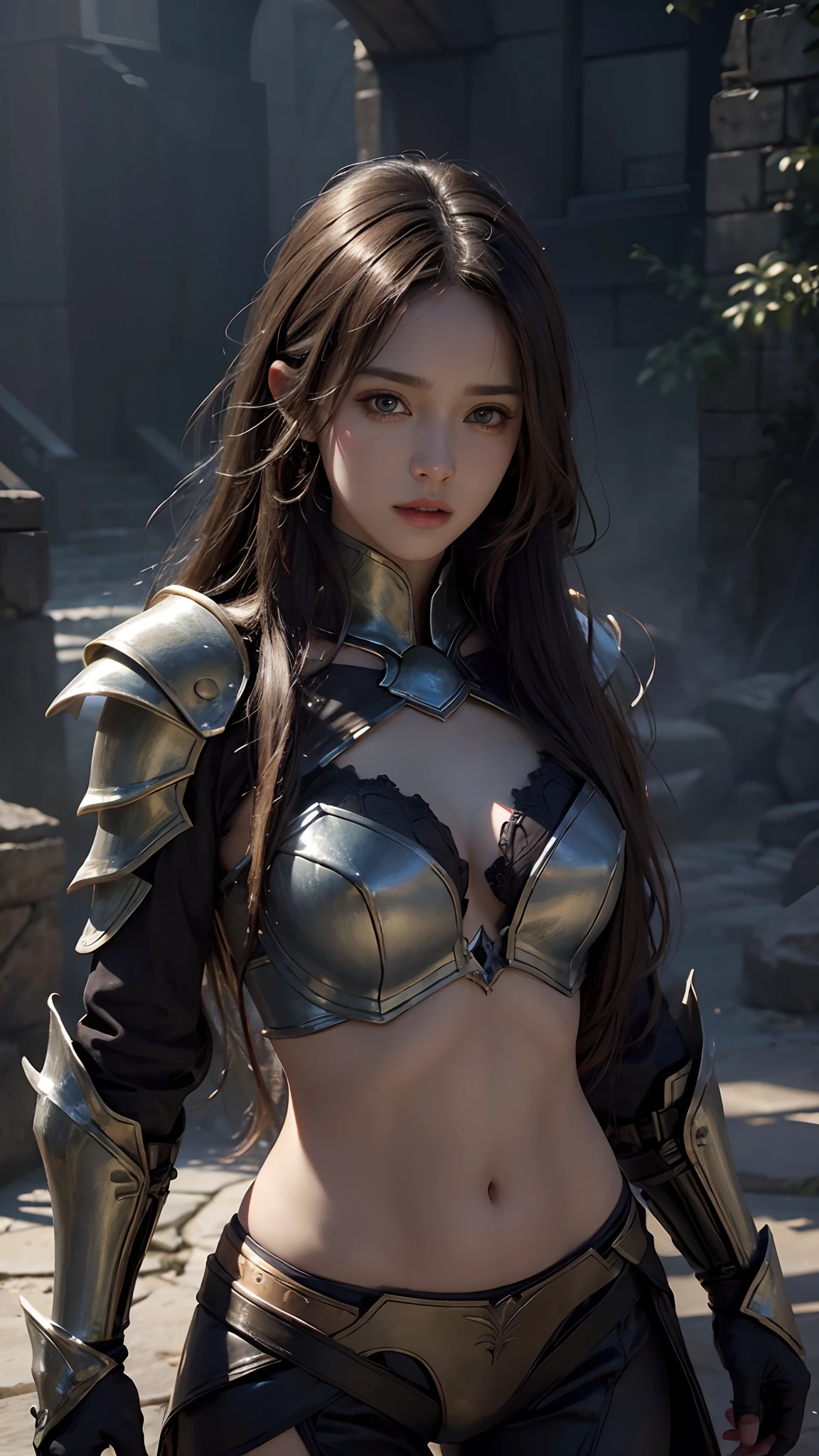 4k, fantasy art, photo realistic, dynamic lighting, artstation, poster, volumetric lighting, very detailed faces, award winning, 1girl, deep shadow, beautiful shot, magic armor, bare stomach, long hair, colorful hair, beautiful background, whole body capture,