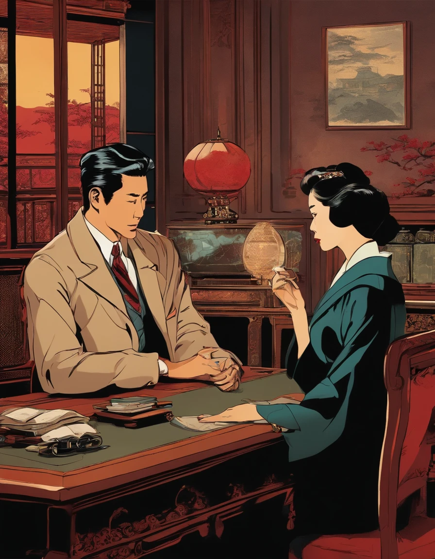 Detective agency in modern Japan、Detective sitting at desk、Two women around