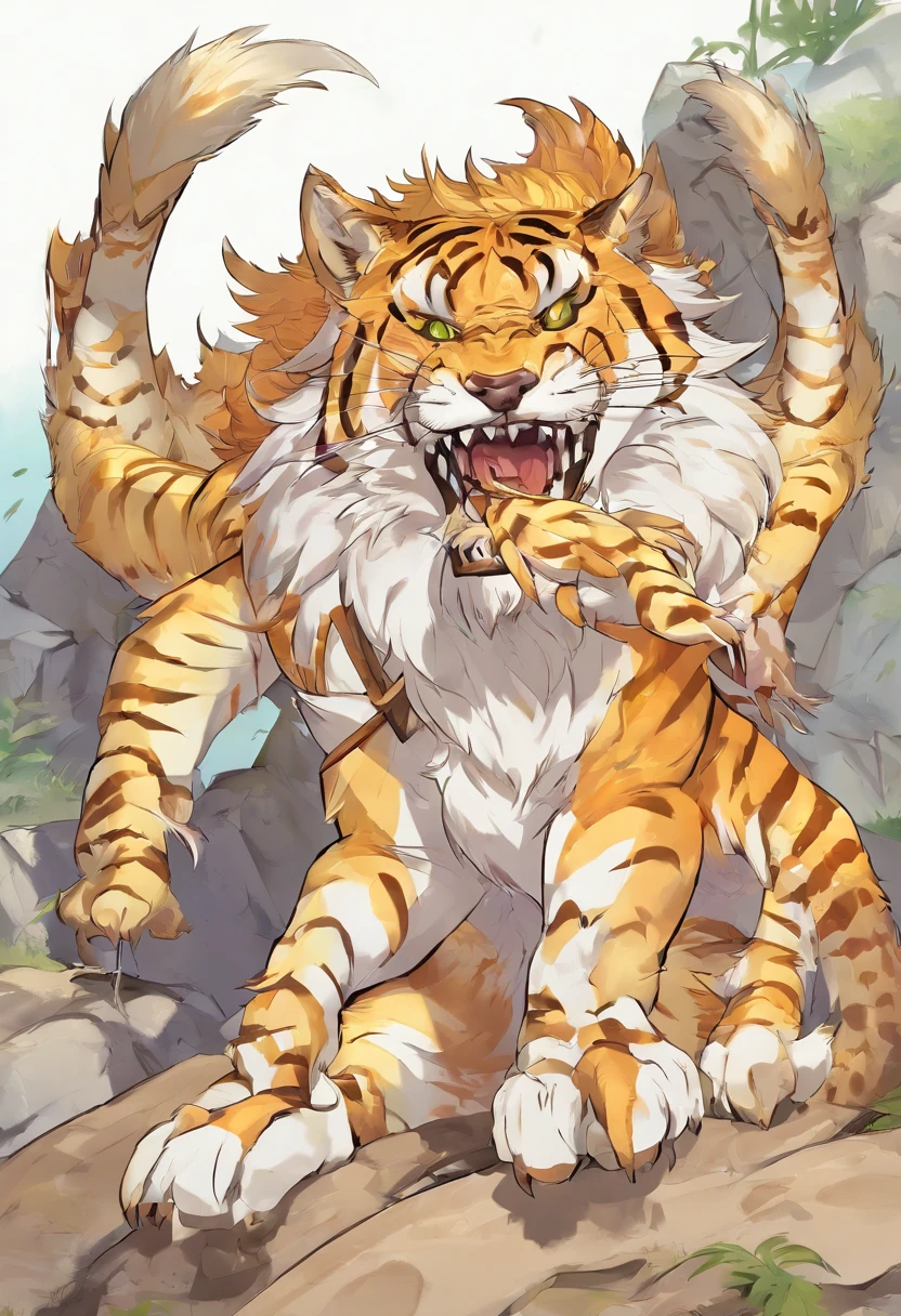 Draw a white tiger:2.0_Synthetic beasts:2.0_shaggy:2.0_sabertooth tiger:2.0_Thunder Wolf Dragon in Monster Hunter:2.0_Muscular males:2.0, Detailed fur:2_The whole body is fluffy:2, white color hair:2_short detailed hair:2, Detailed carapace:2_massiness:2_black in color:2,
Tiger face:2_white colors:2_sabertooth tiger:2.0_Masculine_sbeard:2_shaggy:2,The mouth has saber-toothed tiger fangs:2_Very long fangs:1.5_Monster fangs:1.5,Golden eyes:2_Dragon's eyes:2_A deep_Golden flame:2_with light glowing:2, Dragon's horn:2_with light glowing:2_immensity:2,
Muscular body:2_fat guy:1.5_The upper body is exposed_potbelly:1.5_The whole body is fluffy:2,,Thick thighs:2_White legs_ shaggy,Thick arms:2_White arms_ shaggy,Bigboobs:2_shaggy:2_fluffly:2,Feet exposed:2_white colors:2_Theropods:2_immensity:2,Hands exposed:2_white colors:2_Beast claws:2_immensity:2,
3 tails_white colors:2_fox tails:2_humongous large breast_Cloud-shaped tail_shaggy:2_fluffly:2,