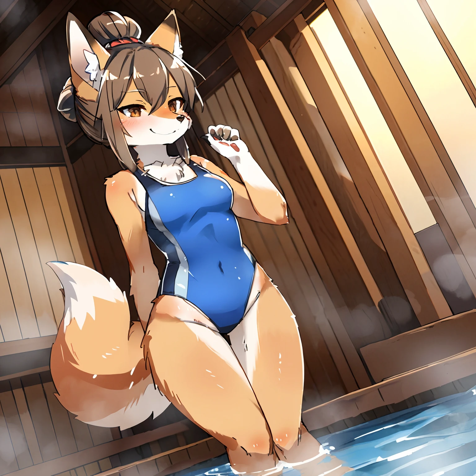 by Iron_atama, by kinokoningen, solo, female, vulpine, fluffy fur, wide paws, (snout, hair, tail), one tail, brown hair, loose bun hair style, hair style, smile, happy smile, lean body, wide hips, thigh gap, thick thighs, blue one-piece swimsuit, onsen bath.