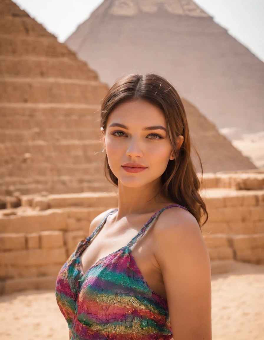 A girl instagram influencer in front the Giza Pyramds, (Canon EOS 5D Mark IV Camera, Famous for capturing vibrant colors and rich textures:1.2), upper body