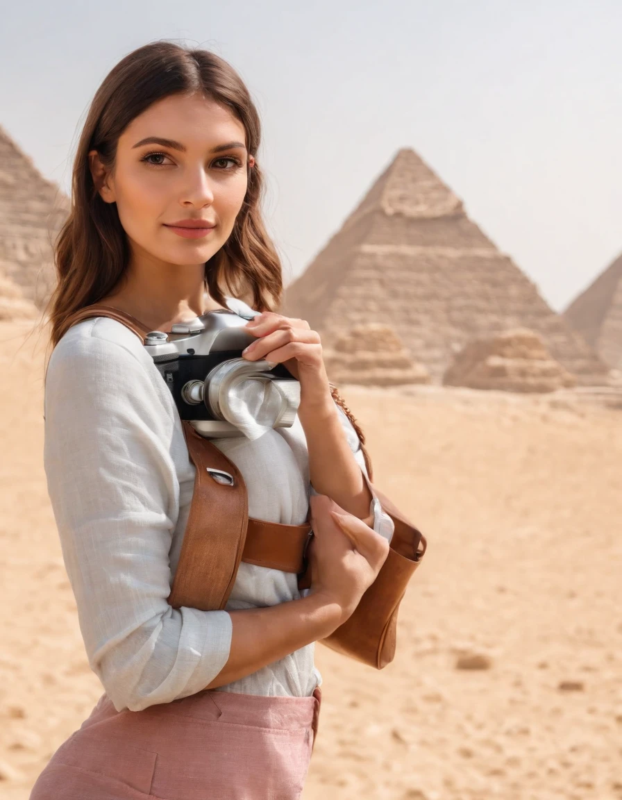 A girl instagram influencer in front the Giza Pyramds, (Canon EOS 5D Mark IV Camera, Famous for capturing vibrant colors and rich textures:1.2), upper body