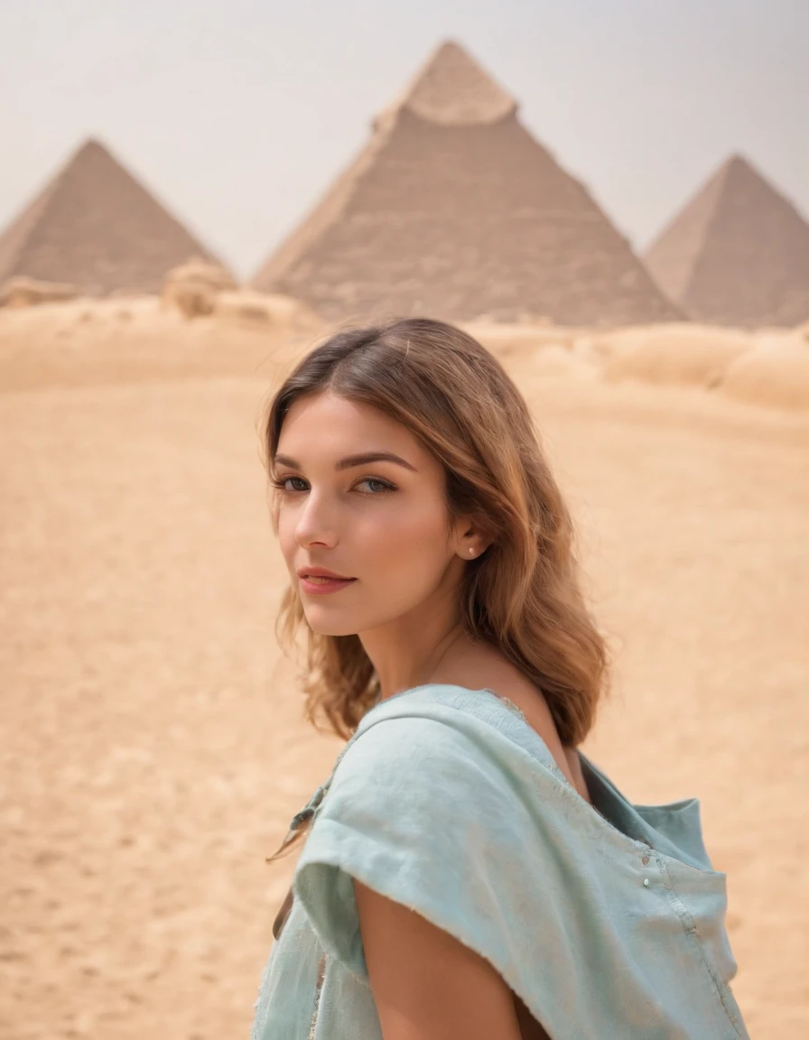 A girl instagram influencer in front the Giza Pyramds, (Canon EOS 5D Mark IV Camera, Famous for capturing vibrant colors and rich textures:1.2), upper body