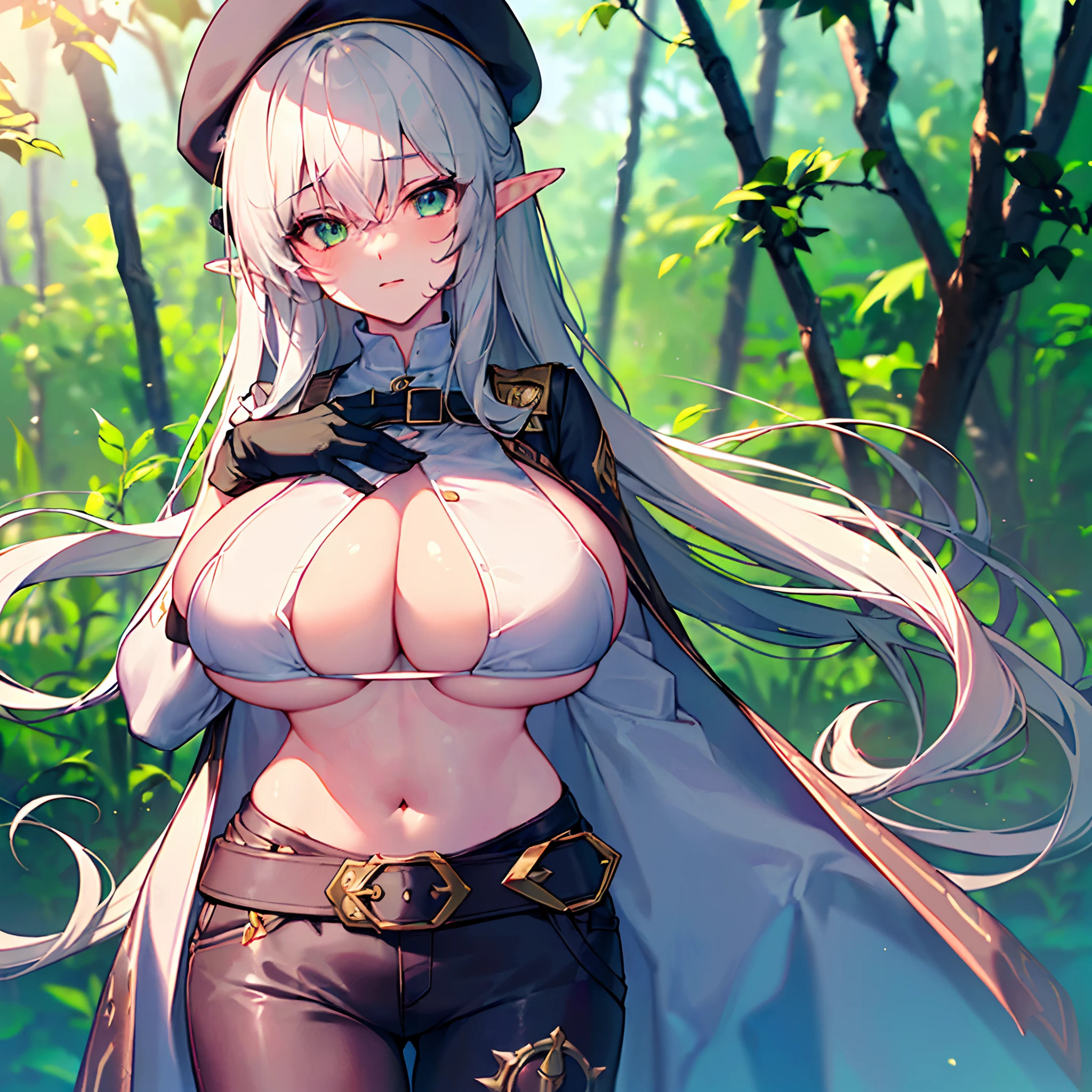 (Golden ratio:1.2),​master piece,[(Gray draft:1.4)::10],(8K, Best quality, tmasterpiece:1.2),\(eye detailed\),\(Facial features\),(\(Clothes detail details\)\),(huge tit),full bodyesbian,(Facial focus) ,Very detailed CG unity 8K wallpaper,hugefilesize,ultra - detailed,A high resolution,absurderes,beautidful eyes,Ray traching,dramatic shadow,finely detailled,Dramatic angles,Hyper-detailing,(1 girl:1.3),(Solo),elf,pointy-eared,White hair,Green eyes,Big sister,Tall and slim perfect figure,youth,(beret:1.4),((under boob:1.3)Crop topping)+(Dark gray low-rise pants：1.3)+(Brown leather belt：1.3),(Dark brown one-sided shawl：1.3)+(White long-sleeved gloves：1.3),{{It's a character that makes people feel sexy and attractive}},fansty world,{This character is an archer：1.3},Capture shots that highlight characters,(The character has a hand on his chest，lean forward slightly forward：1.3),(atheletic body:1.2),(Standing on the Grassland:1.2)+(Dense tropical woods:1.3)+[(Inception:1.2)]