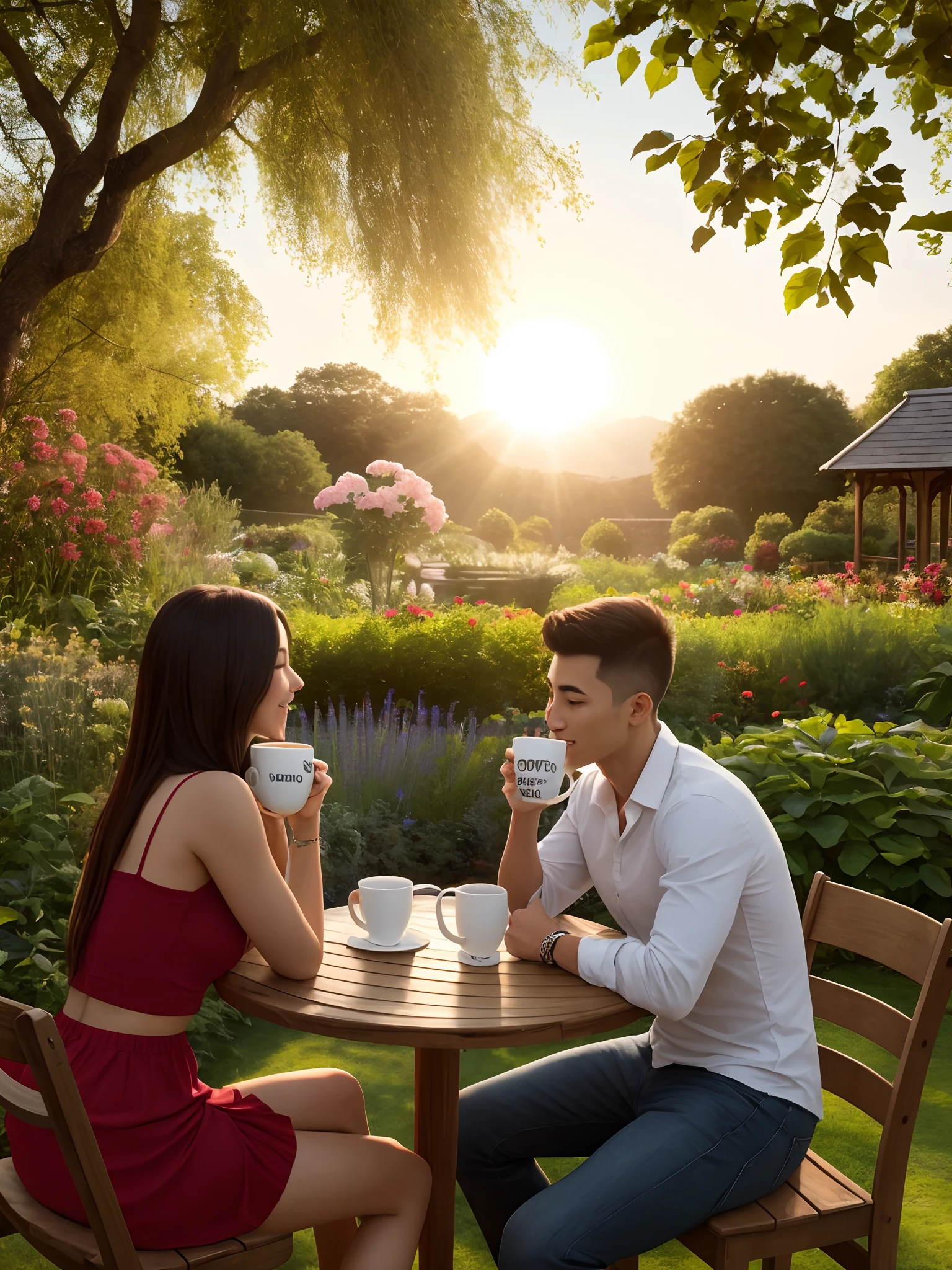Girlfriend and boyfriend,taking coffee in garden on table,sitting on chair with beautiful sun rises morning hyper realistic