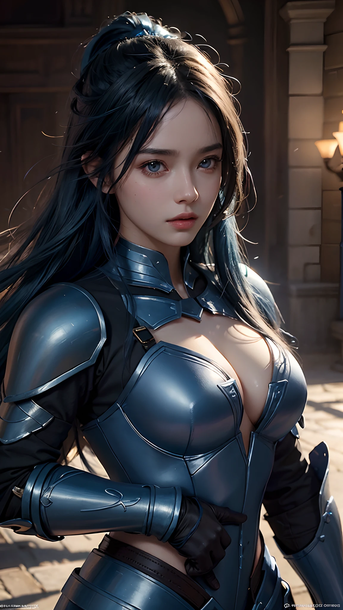 4k, fantasy art, photo realistic, dynamic lighting, artstation, poster, volumetric lighting, very detailed faces, award winning, 1girl, deep shadow, beautiful shot, blue armor, bare waist, long hair, blue hair, beautiful background, whole body capture, attractive pose,