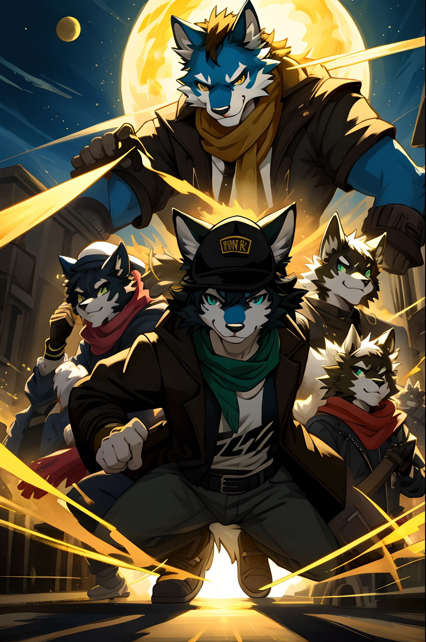 highres, top quality, best quality, paid reward available, High-quality illustrations, unparalleled masterpiece, perfect artwork, absurdres(movie poster)a painting of a cat wearing a hat and scarf, trending in the art station, dressed in punk clothes, detailed hyper realistic rendering, british gang member, street style, intimidating pose, planet of the cats, clothes with fashion, urban samurai, meow, west slavic features, 6+boys, 6+girls(furry anthro:1.7)absurdres(highly detailed beautiful face and eyes)perfect anatomy, expression, caustics, dynamic lighting, lens flare, cinematic lighting, deep shadow, assorted poses, dynamic angle,