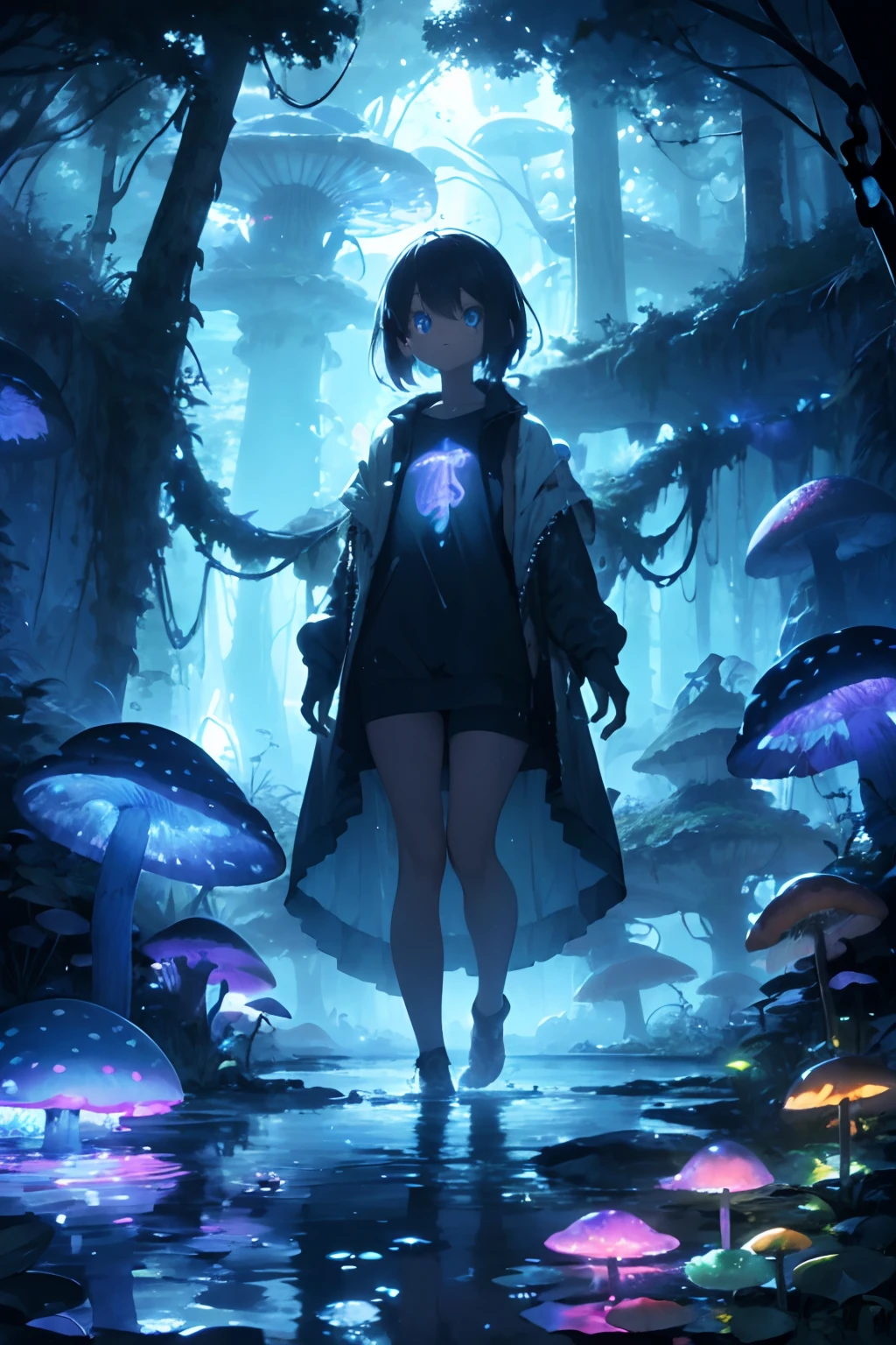 mystical magical neon beautiful forrest with lake and an opening circle of portal from other world , forest,tree, with rocks, river, with glowing alien type of mushrooms with eyeballs, foggy, massive tall skinny black man, butterflies, waterlilies, bridge, with foating piece of rocks with grass and chains, fireflies, flowers,