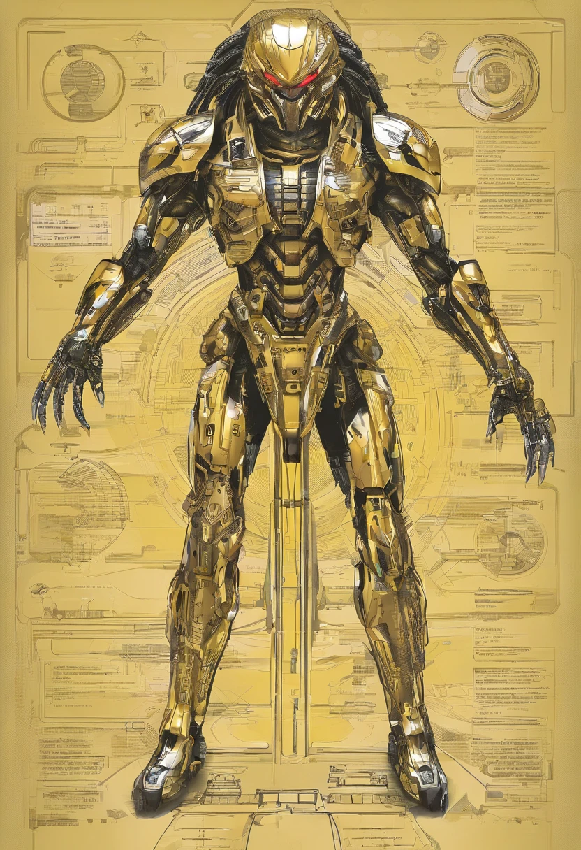 Predator,Whole body diagram,Golden armor,Authentic background