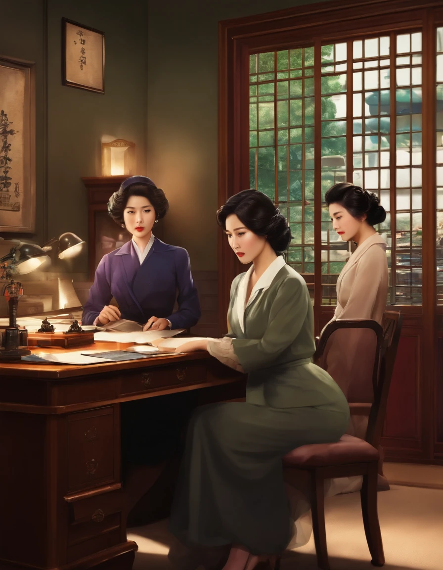 Detective agency in modern Japan、Detective sitting at desk、Two women around:1.5、Face blur