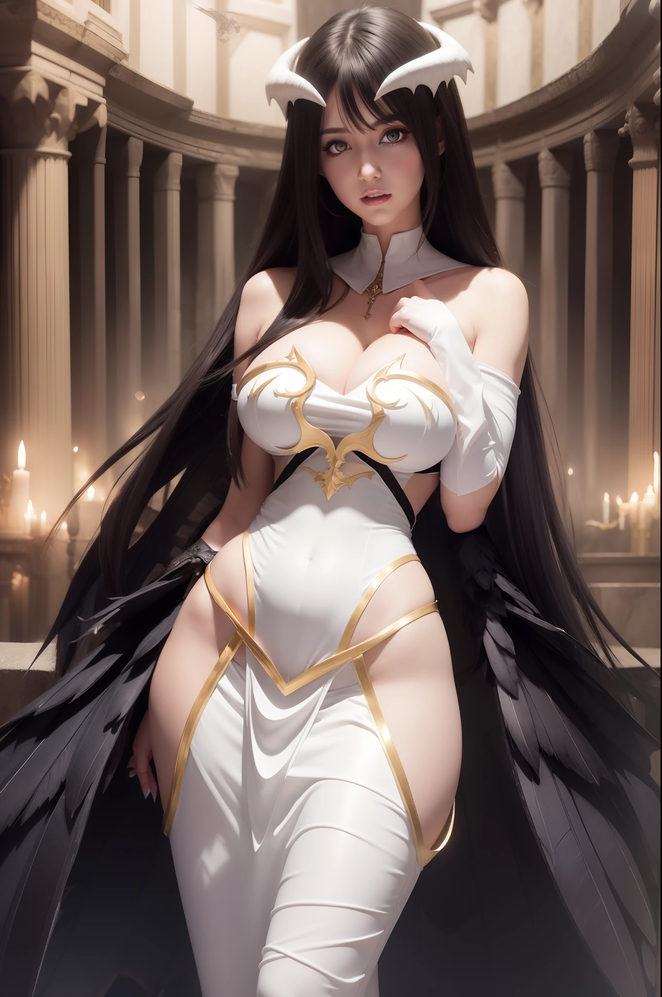 1girl Albedo, best quality, high res, hyper realistis, ultra detail, demon horn, yellow eyes, dragon pupils, big boobs, white gloves, white dress, bare shoulders, detached collar, cleavage, black wings, feathered wings, low wings, cowboy shot, standing, smile, dungeon, evil smile,