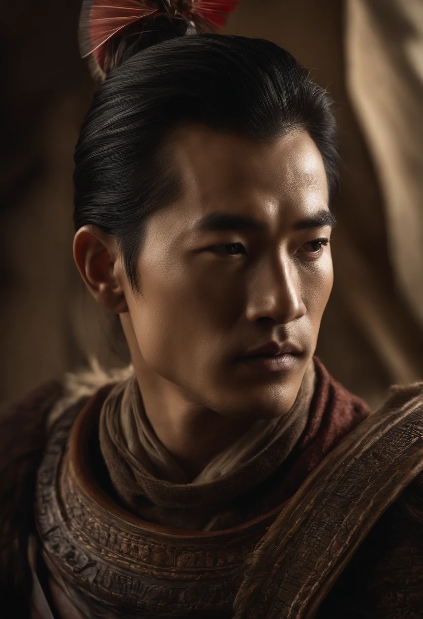 Ancient tribes,male people ,Youth,cabelos preto e longos,Oriental face,Huang Xiaoming,Armed with a bow and arrow, Completely realistic,Full high resolution, Well made,detail-rich.