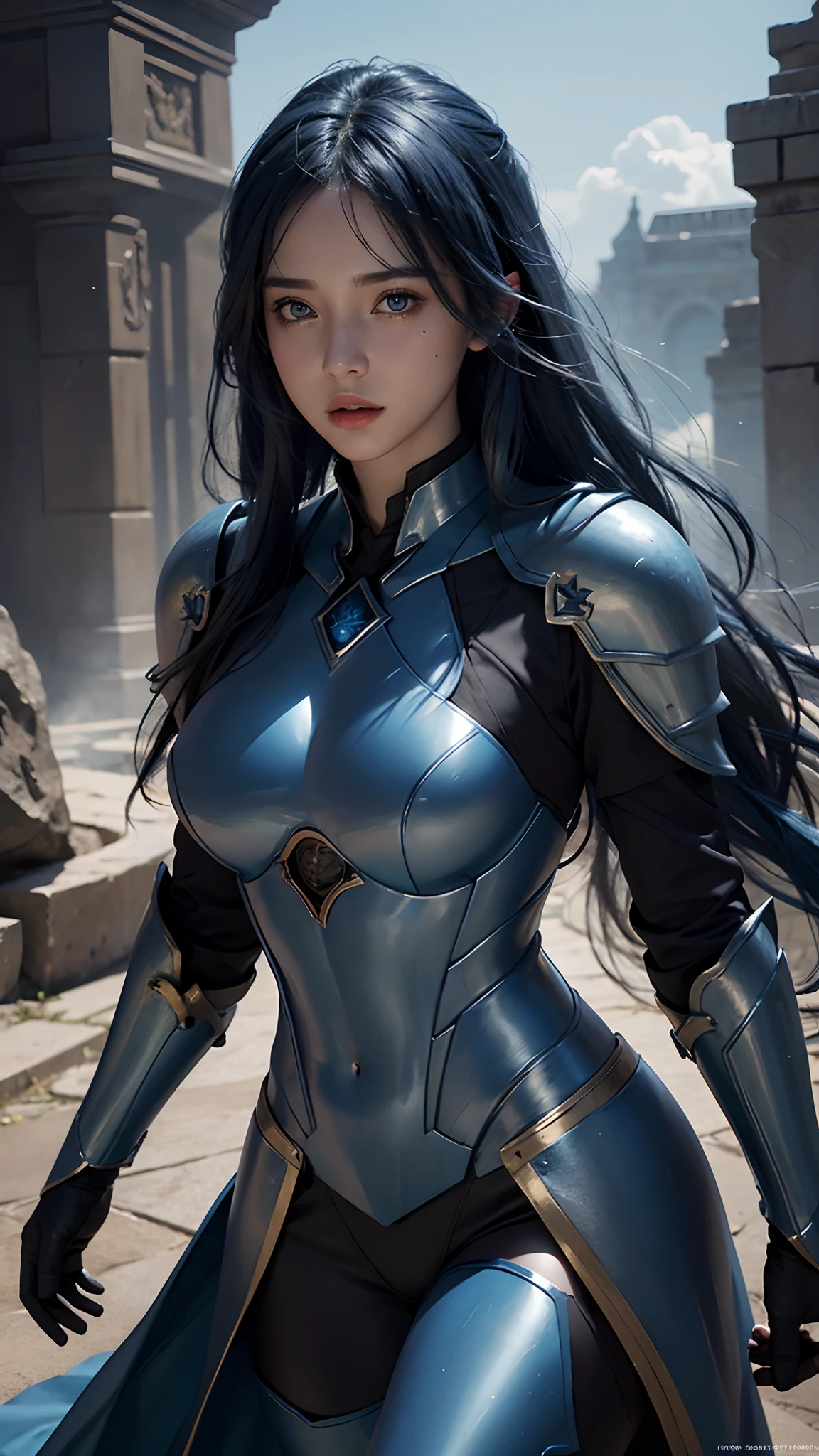 4k, fantasy art, photo realistic, dynamic lighting, artstation, poster, volumetric lighting, very detailed faces, award winning, 1girl, deep shadow, beautiful shot, blue armor, bare waist, long hair, blue hair, beautiful background, whole body capture, attractive pose,