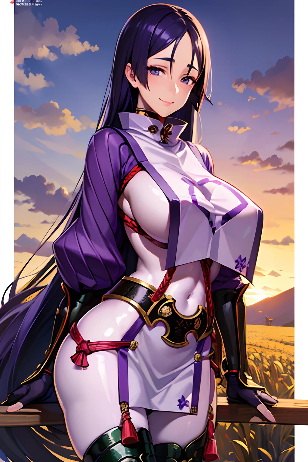 masterpiece, best quality, highres, hmmr1, minamoto no raikou (fate), high collar, gloves, japanese clothes, loincloth, (breast curtain:1.1), ribbed sleeves, rope, (purple bodysuit:1.2), standing, outdoors, field, flower, cowboy shot,smile