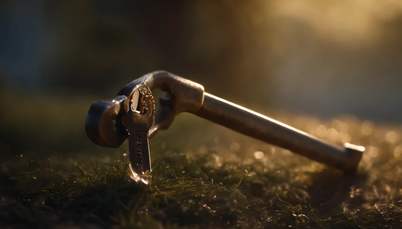 Create a surreal image in 8K resolution of a golden key suspended in the air, com raios de luz emanando dela.A chave deve ser detalhada em alta qualidade, com ornamentos complexos e um brilho intenso que captura todos os detalhes.O fundo da imagem deve ser escuro, with deep blue tones and fog elements to give a sense of mystery.Make sure the key seems to float ethereally, como se estivesse pronta para revelar segredos sobre a felicidade.