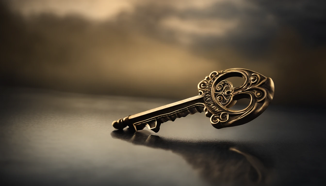 Create a surreal image in 8K resolution of a golden key suspended in the air, com raios de luz emanando dela.A chave deve ser detalhada em alta qualidade, com ornamentos complexos e um brilho intenso que captura todos os detalhes.O fundo da imagem deve ser escuro, with deep blue tones and fog elements to give a sense of mystery.Make sure the key seems to float ethereally, como se estivesse pronta para revelar segredos sobre a felicidade.