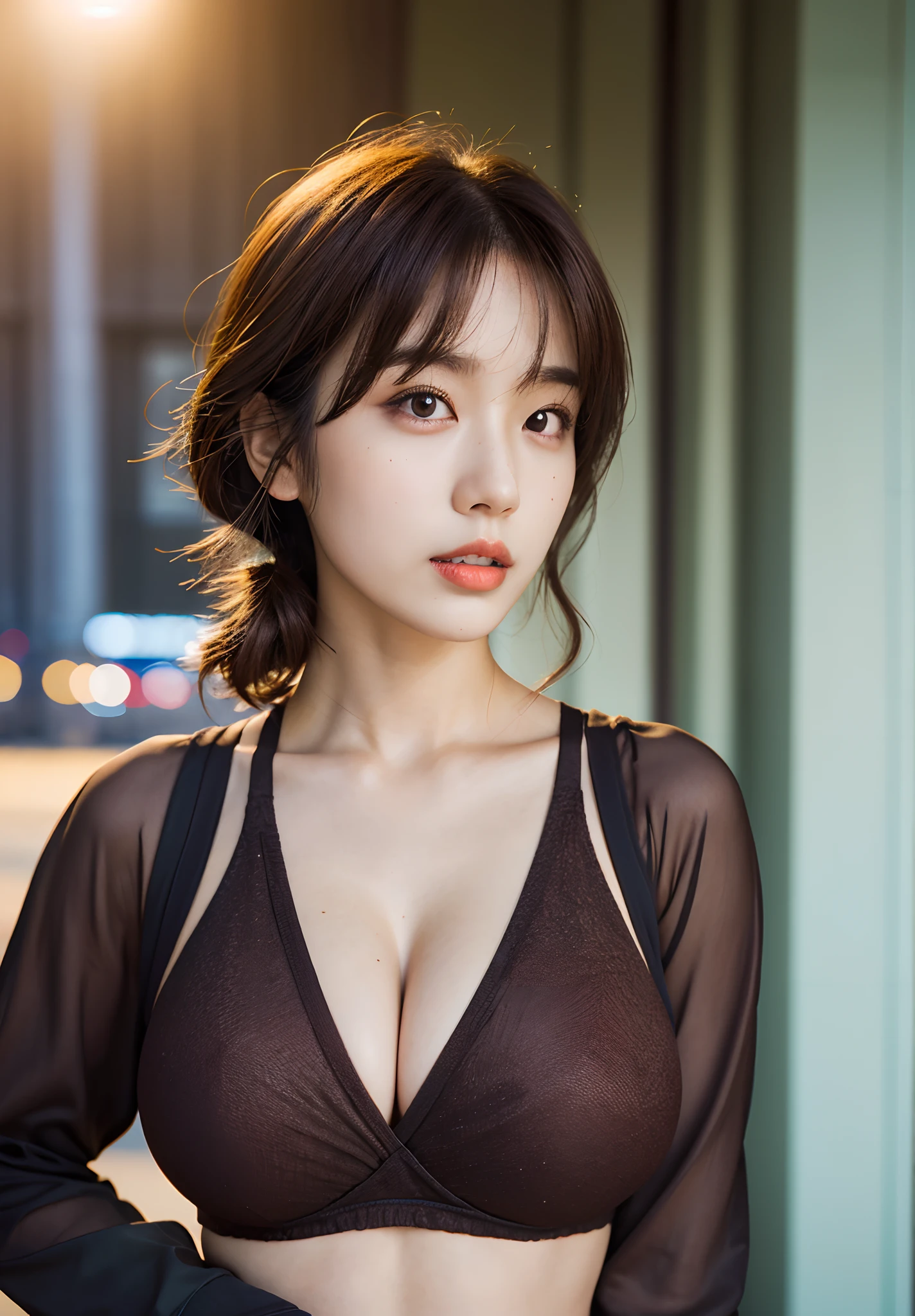 arafed asian woman in a bra top posing for a picture, 奈良美智, chiho, shiori teshirogi, yasumoto oka, narumi kakinouchi, realistic young gravure idol, harumi, young sensual gravure idol, young pretty gravure idol, japanese model, aoi ogata, ((Best quality, 8k, Masterpiece :1.3)), Sharp focus :1.2, A pretty woman with perfect figure :1.4, Slender abs :1.2, ((Dark brown hair, Big breasts :1.3)), (Natural light, City street:1.2), Highly detailed face and skin texture, Detailed eyes, Double eyelid