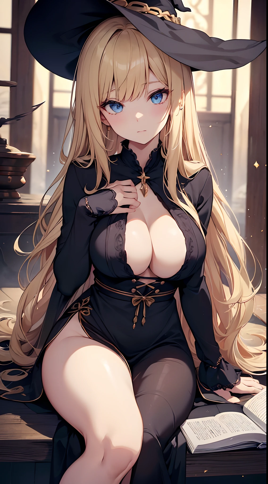 large full breasts, ((1 Beautiful Witch)), ((Blonde hair, long wavy hair with bangs,)) (((1 witch, soio))) )) ((23years old)) blue eyes, Have a very sexy body, Full chest and narrow waist, And a very sexy body, Medieval dress European ruffle dress Elegant long sleeve blouse is open down slightly open at the chest, Delicate fabric neckline, Has a bold look, thick and dense makeup. 年轻, qulity, Realistic, fantastic quality, Poses, ((((face perfect)))) Gentle expression, Soft lips, Calm expression, House of a scary witch sitting on an old torn sofa, Magic, magia, Boiling cauldron, Spell recitation, spell book, Bookcase full of cobwebs, Beautiful and perfect legs, Clean and perfect hands