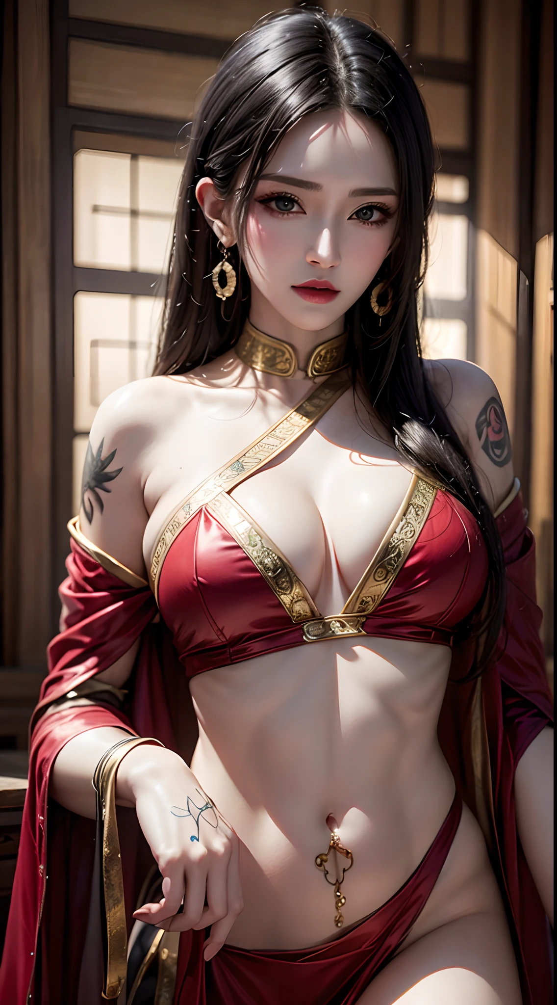 photorealistic, high resolution, 1women, mature female, solo, hips up, jewelry, tattoo, hanfu