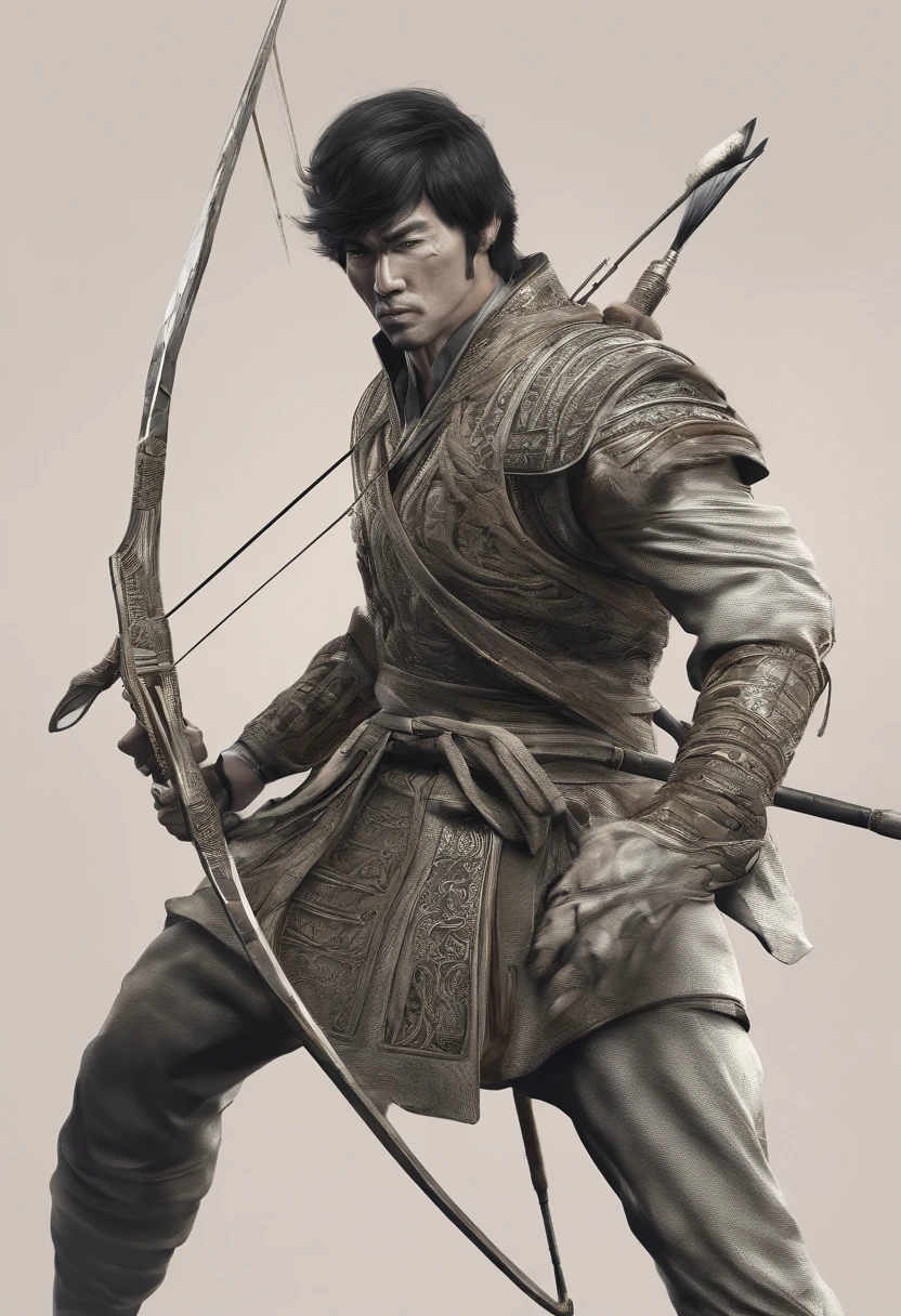 Ancient tribes,male people ,Youth,cabelos preto e longos,Oriental face,Bruce Lee,Armed with a bow and arrow, Completely realistic,Full high resolution, Well made,detail-rich.