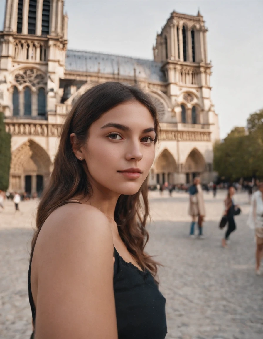 travellers, in the style of rap aesthetics, girl, Paris, France, make for a memorable photo, The background is Notre Dame, photo taken with fujifilm superia, charly amani, oversized portraits, babycore, upper body