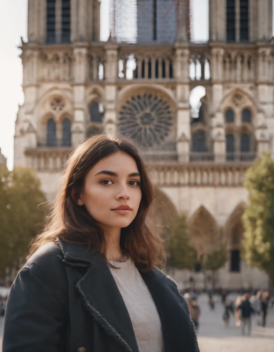 travellers, in the style of rap aesthetics, girl, Paris, France, make for a memorable photo, The background is Notre Dame, photo taken with fujifilm superia, charly amani, oversized portraits, babycore, upper body